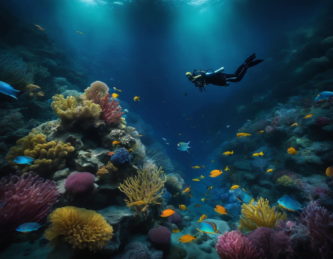 "Craft a vivid and immersive description of a scuba diver embarking on a cinematic, deep-sea adventure, submerged in the mesmerizing underwater world. Envision the diver surrounded by a kaleidoscope of multicolored fish, their scales shimmering like precious gems, as they explore the hidden depths of the ocean. Bring to life the play of light and shadow in this mystical underwater realm, where every movement and interaction feels like a scene from a breathtaking underwater film."