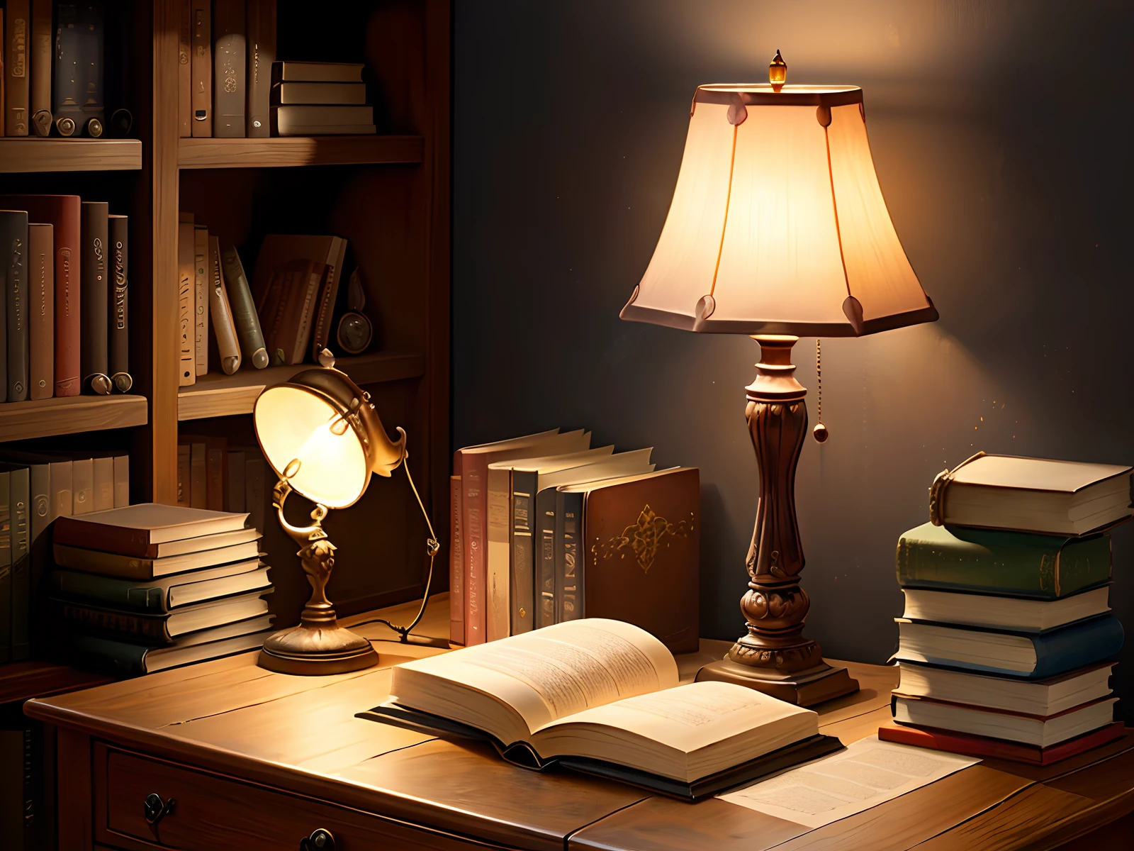 Wooden desk with revolver, books and a lamp