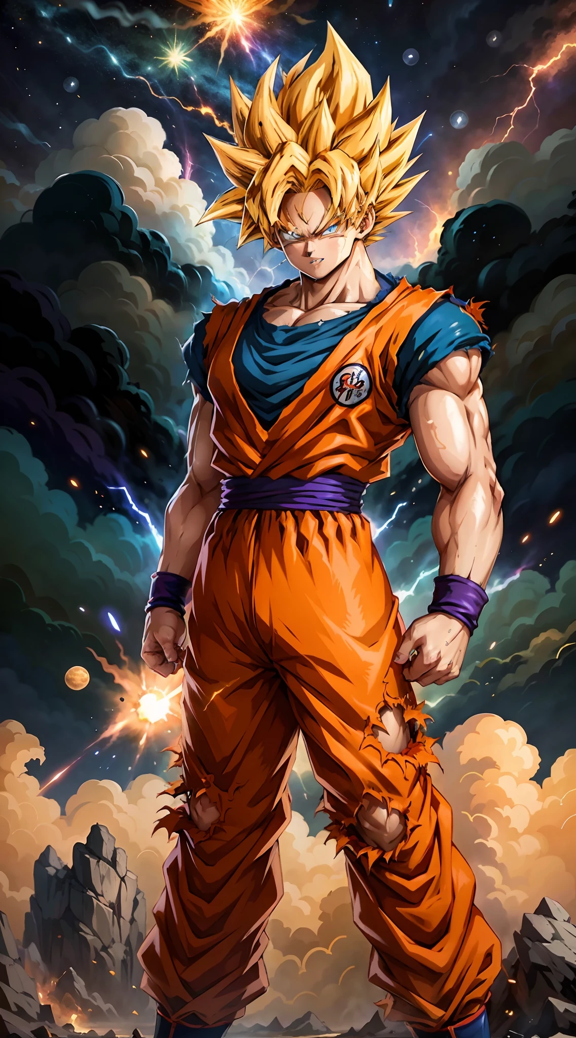 Super Saiyan Goku is in space playing drums in a rock band, Huge waves of energy are released,Hay estrellas por todas partes,The sky is a mixture of orange and purple tones。The energy wave is bright blue,There are electric sparks around。(Anime Big Breast:1.2)、(Dramatic lighting:1.1)、(colores brillantes:1.3)、(sombreado de celdas:1.1)、(Dynamic compositions:1.2),ojos verdes