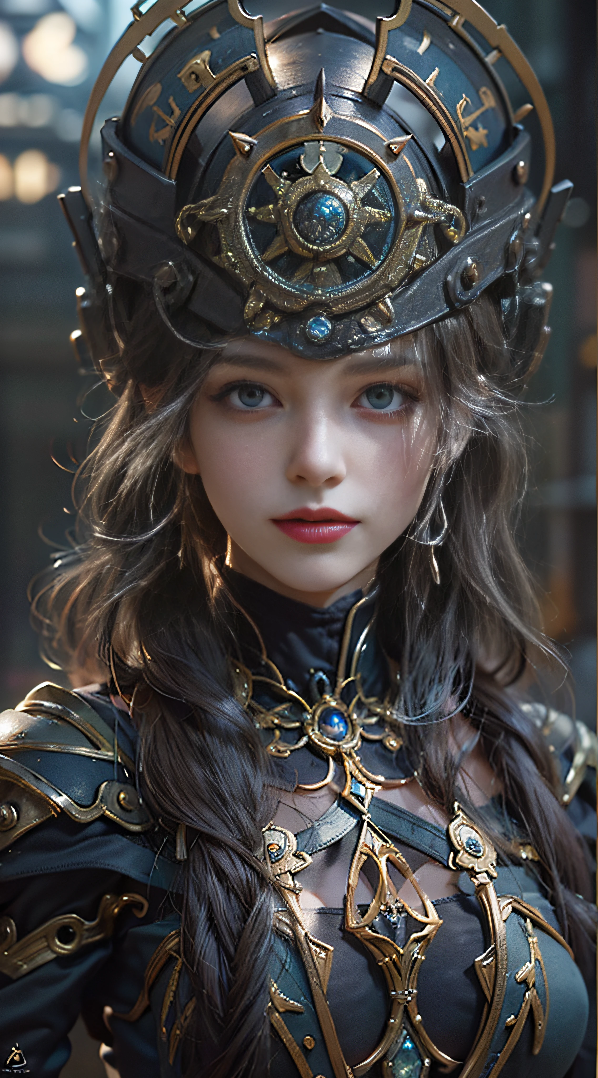 (((Masterpiece, top quality, super detailed))), (((One endless mage girl, , radiating magic))), (((complex mechanical headgear, complex mechanical steampunk fashion and overdecorated gothic fashion and neon glitter cyberpunk fashion fusion of))), bust-up photos, (((( very detailed face))), (((very sharp focused eyes))), very large slit dark gray eyes that shine like jewels. Very long eyelashes, long dark hair in vertical curls, thick bangs, perfect princess cut, very gorgeous tiara, (((perfectly accurate human anatomy))), long neck, narrow shoulders, long slender arms, small breasts, very narrow waist, very small buttocks, long slender legs, (((overall accuracy has been dramatically improved, creating super detailed, realistic and realistic images)))), (((magic, magic spell light, magic weapon))), dynamic poses, cinematic lighting,