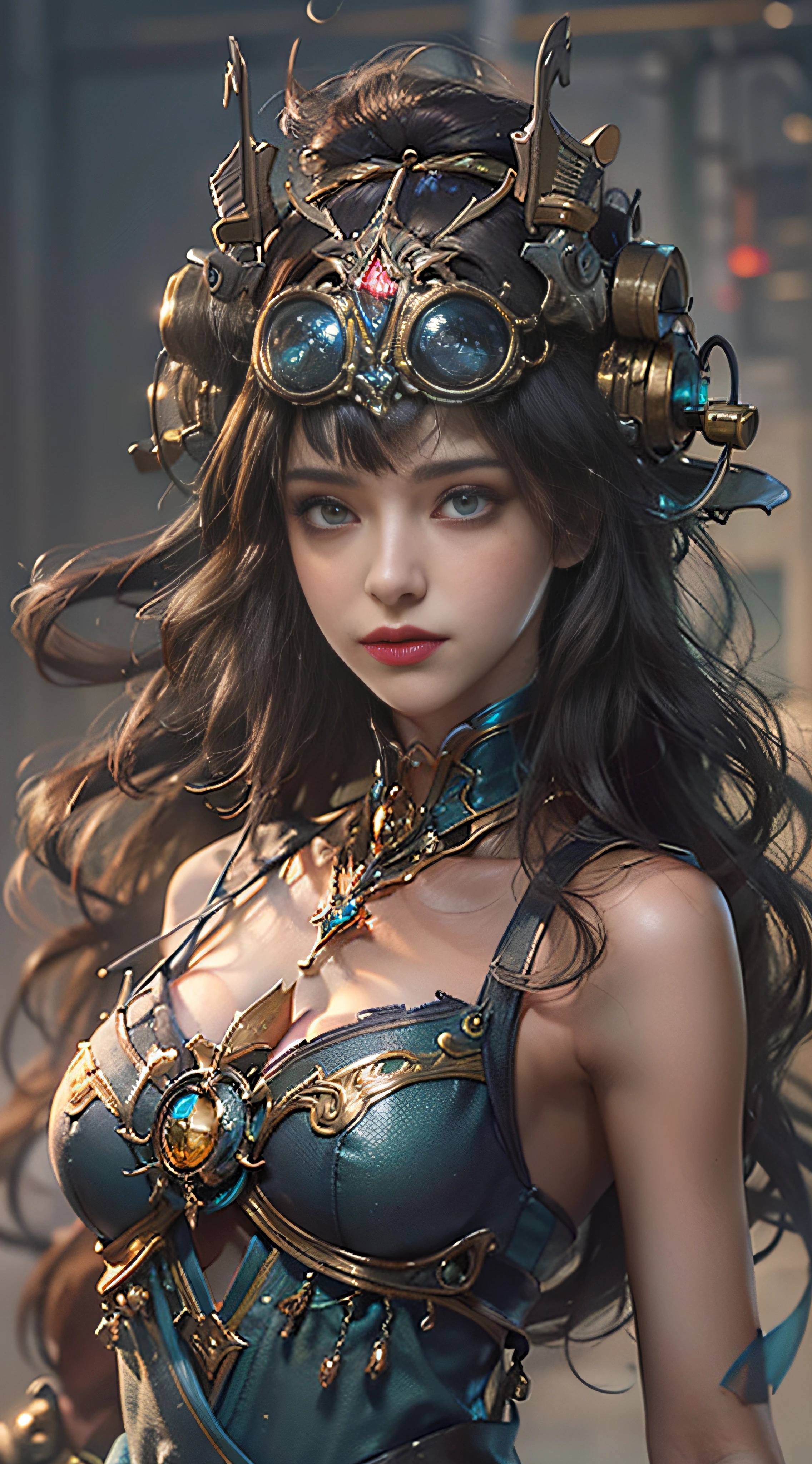 (Masterpiece, professional work, award winning), ultra realistic illustration, centered, mid shot, full body front view, looking toward camera, biochemical android steampunk, dynamic pose, orange long wavy hair, expressive, beautiful bang, ultra detailed steampunk museum vibrant colors create a hype realistic color splash art, Unreal minimalism with octane render creates depth of field with bokeh. Style: A sculpture made with bronze, using a combination of traditional techniques and 3D modeling, (Ultra detailed, finest detail, intricate), (Epic composition, epic proportion, epic fantasy), cinematic lighting, volumetric lighting, studio lighting, neon light, global illumination, (depth of field:0.4, blur, bloom:0.2), reflection, hard shadow, contrast, vibrant color, RAW photo, photography, UHD,