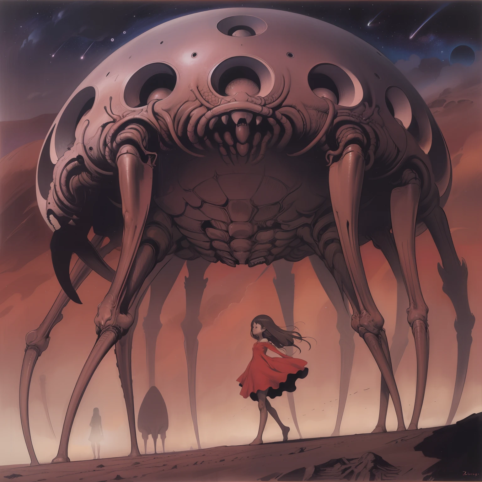 (superflat, flat shading, flat colors:1.1), 1girl, teen, red dress, walk in a desert, closeup, anime, long legged creatures, zdzislaw beksinski, hr giger, starry skies, dark, tribal,