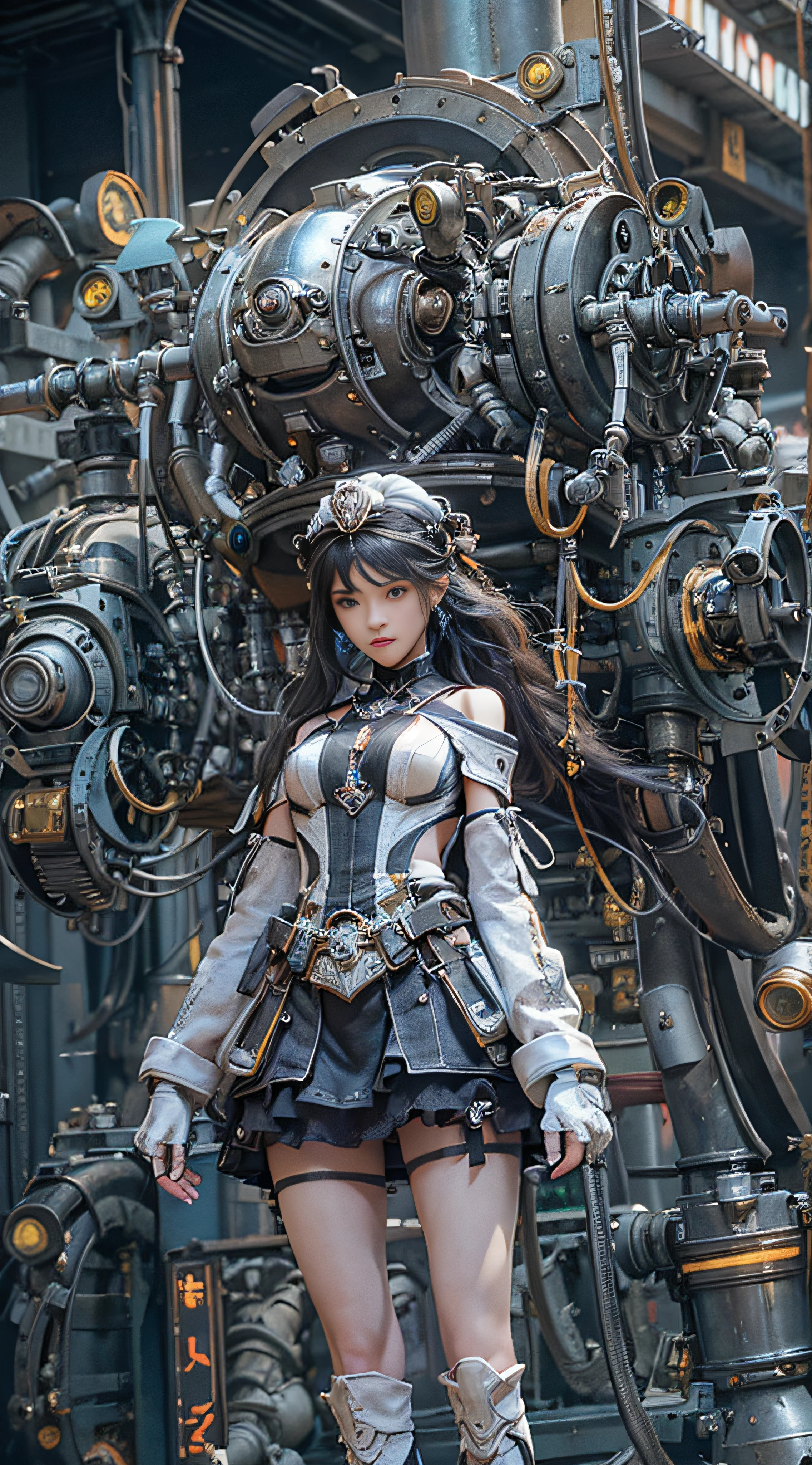 (((masterpiece, top quality, ultra detailed))), (((ultra photo-realistic 3D))), (((dramatic leap in overall accuracy, producing ultra detailed and realistic images))), complex machine j gimmick female android, Dynamic combat action poses, A fusion of very complex mechanical steampunk fashion and overly decorated Gothic Lolita fashion, Off the shoulders, Fluttering flare mini skirt, Complex mechanical temple steampunk headgear, Very large eyes, very long eyelashes, Black hair blown in the wind, very long thin arms, Complex mechanical gloves, very long thin legs, Complex mechanical over-the-knee stockings, Mandala, Lots of neon gras are crossed and scattered, Have a huge weapon with very complex mechanical devices, A highly complex machine shop surrounded by flames, Very dark night background, Very dramatic and cinematic lighting, (High dynamic range), Ray tracing, NVIDIA RTX, Super Resolution, Unreal 5, Subsurface scattering, PBR Texturing, Post-processing, Anisotropy Filtering, depth of fields, Maximum clarity and sharpness, Multilayer textures, Albedo and specular maps, Surface Shading, Precise simulated light material interactions, Perfect proportions, Octane Rendering, Two-tone lighting, Wide aperture, Low ISO, White Balance, thirds rule, 16K RAW,