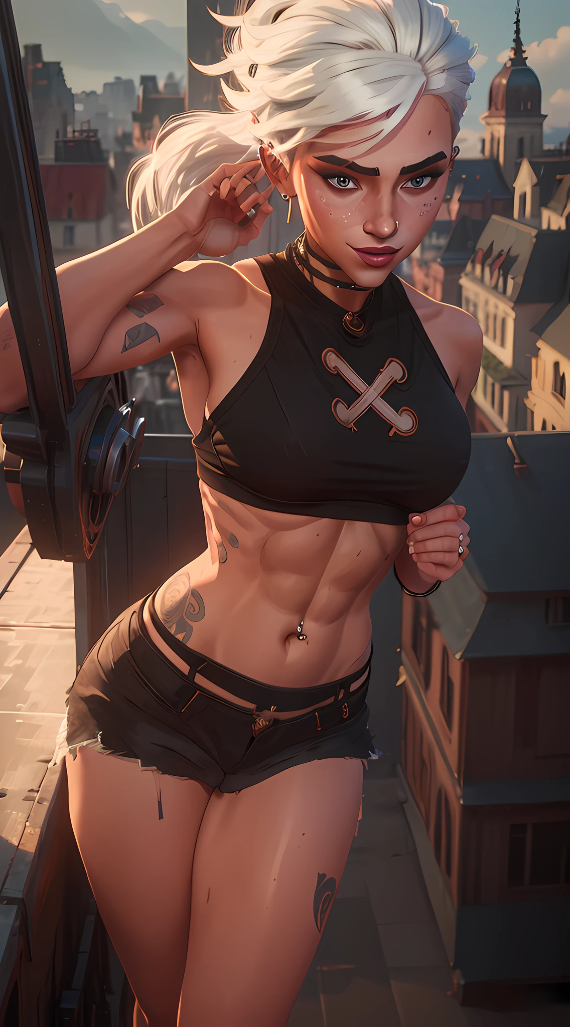 (butt), (sexy girl), masterpiece:1.5, best quality, full body, 1girl, bangs, blush, breasts, collarbones, ear piercings, eyebrows visible through hair, (gradient white hair), jewelry, looking at the viewer, piercings, (half-naked), (red underwear), short string tank top, (panties), bright eyes, ring, (solo), illustration, fashionable, woman, posing, detailed background, sexy expression, attention-grabbing scene, focus, dynamic pose, thick thighs, abs, sweaty abs, sexy thighs, thin waist, sexy grin, sexy glare, cinematic lighting, city scape, city background, outside, outdoors, rooftop:1.5, backshots:1.7, back camera,
