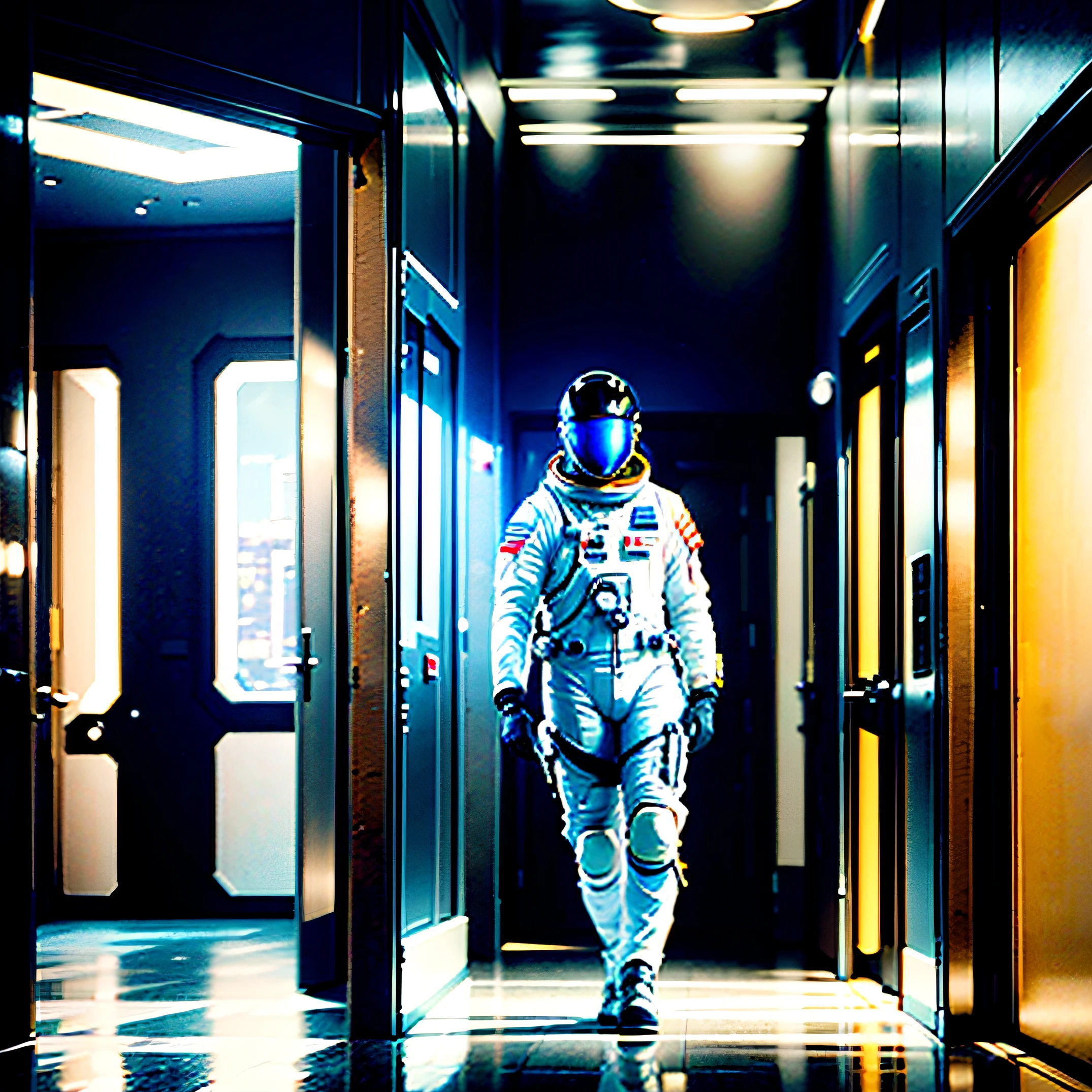 Young male astronaut in white space suit walking in a hallway of a building, add a hallway with large windows in a panoramic view of the scene of a futuristic metropolis. Large tall windows offer an impressive view of a sunny metropolis. Add a blue sky with clouds in the sky, Add panoramic view to the entire scene, Adicionar pintura fosca inspirada em Syd Mead, Adicione hiper-realismo no corpo masculino do astronauta, Set well with details fingers and hands, pernas caminhando e rosto, well-defined astronaut suit SeaArt Robot Upscaling Standard 16:15:04
