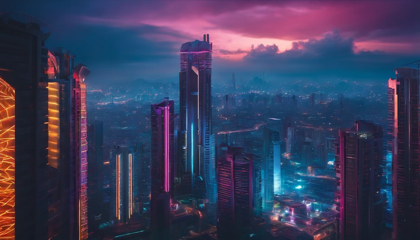 (obra prima) cidade no estilo cyberpunk, illuminated sky, neon light, imagem vista do zero, paisagem ampla, cidade futurista
