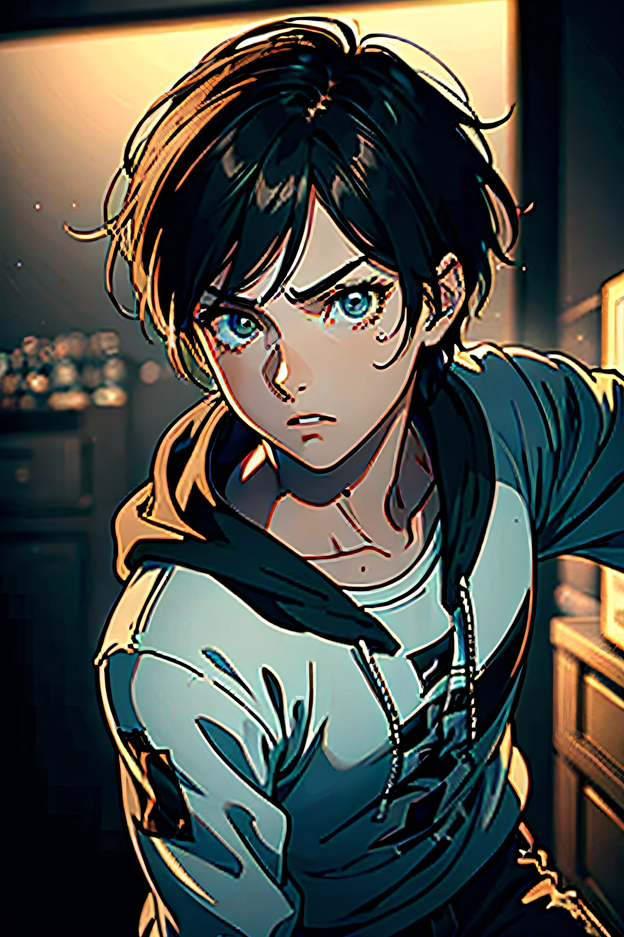 1boy, 20 years old, masculine, eren yeager, attack on titan, eren yeager hoodie, illustration, mappa art styles,eren yeager angry looks (((masterpiece),(extremely detailed CG unity 8k wallpaper),best quality,,solo,1girl,cinematic lighting,detailed background,beautiful detailed eyes,bright pupils, (an extremely delicate and beautiful),(Beautiful and detailed eye description)， ultra-detailed,masterpiece,)),