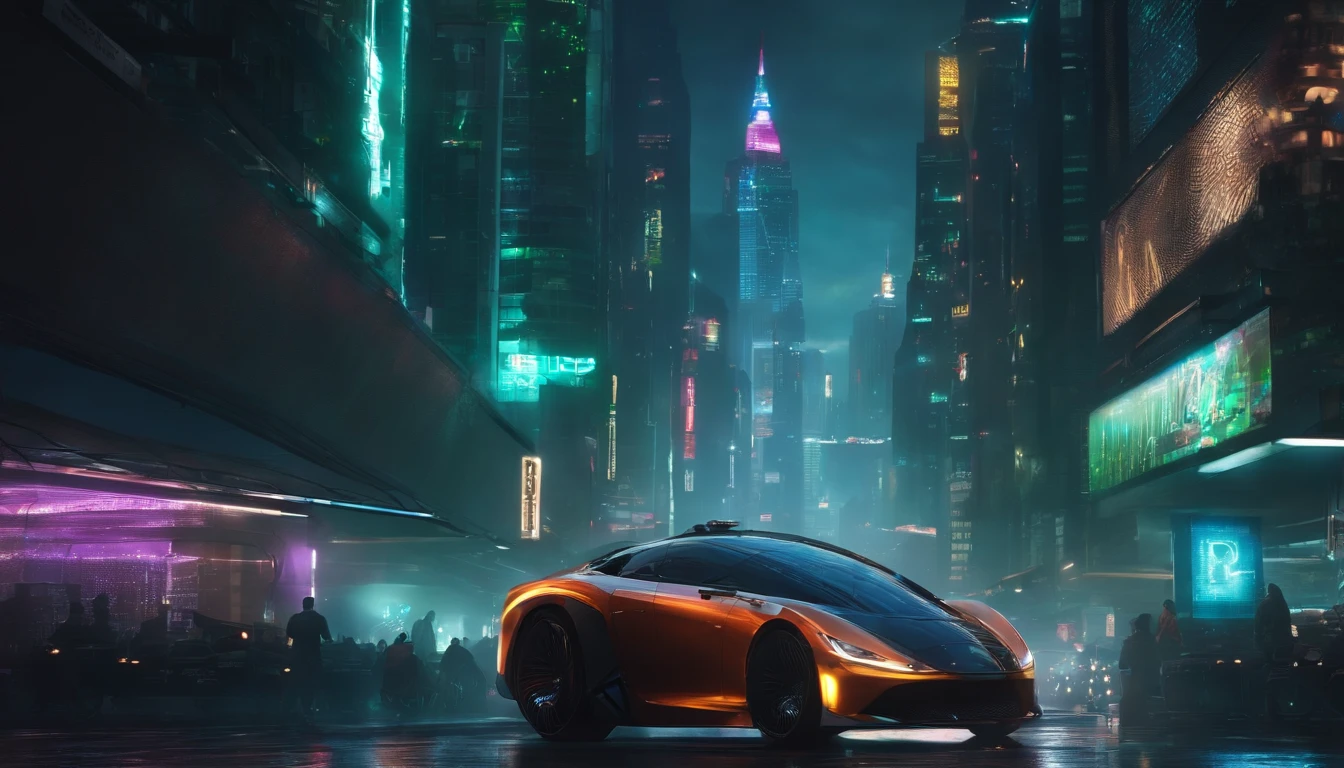 (best quality,4k,8k,highres,masterpiece:1.2),ultra-detailed,(realistic,photorealistic,photo-realistic:1.37),cyberpunk background,luminous towering speakers,neon lights reflecting on wet streets,hovering drones,futuristic cityscape,hi-tech gadgets,cybernetic implants,glowing holographic advertisements,steam rising from vents,gritty and dystopian atmosphere,mist and rain creating a mysterious ambience,people wearing futuristic fashion,neon-lit sky contrasting with dark surroundings,technological advancements merging with urban decay,vibrant and saturated colors,sharp reflections in the rain-soaked streets,blurred motion of passing vehicles,advanced AI systems controlling the city,urban hustle and bustle,sound waves rippling through the air,gleaming skyscrapers piercing the night sky,masked characters with glowing eye implants,enhanced reality overlays,parallel universe portal,retro-futuristic cars zipping by,electricity crackling in the air,blinking cybernetic signs,blurred outlines of futuristic characters against neon-lit backdrops,imposing mega-corporate logos,flying vehicles gliding through the city,imposing mega-corporate logos,chaotic wires and cables connecting buildings,discolored puddles reflecting flickering lights,dense crowds moving through bustling markets,gleaming chrome surfaces,imposing digital architectures,imposing digital architectures,electric blue and neon green hues,drone delivery systems,immersive virtual reality experiences,street performers showcasing futuristic skills,hovering police patrol vehicles,techno music blaring from hidden sound systems,haunted robotic eyes silently observing,thriving underground clubs with intense music and dancing,edgy graffiti art on decaying walls,glowing implants pulsing with light,blinking computer screens illuminating dimly lit rooms,stray cats slinking through the shadows,glitches and distorted visuals,crumbling buildings with holographic reconstruction,crystal-clear high-resolution display panels,seamless in