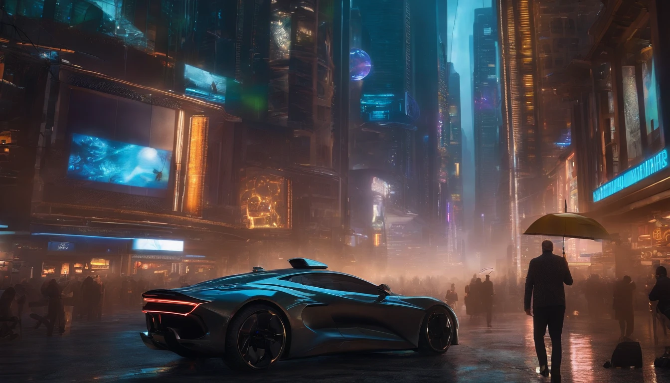 (best quality,4k,8k,highres,masterpiece:1.2),ultra-detailed,(realistic,photorealistic,photo-realistic:1.37),cyberpunk background,luminous towering speakers,neon lights reflecting on wet streets,hovering drones,futuristic cityscape,hi-tech gadgets,cybernetic implants,glowing holographic advertisements,steam rising from vents,gritty and dystopian atmosphere,mist and rain creating a mysterious ambience,people wearing futuristic fashion,neon-lit sky contrasting with dark surroundings,technological advancements merging with urban decay,vibrant and saturated colors,sharp reflections in the rain-soaked streets,blurred motion of passing vehicles,advanced AI systems controlling the city,urban hustle and bustle,sound waves rippling through the air,gleaming skyscrapers piercing the night sky,masked characters with glowing eye implants,enhanced reality overlays,parallel universe portal,retro-futuristic cars zipping by,electricity crackling in the air,blinking cybernetic signs,blurred outlines of futuristic characters against neon-lit backdrops,imposing mega-corporate logos,flying vehicles gliding through the city,imposing mega-corporate logos,chaotic wires and cables connecting buildings,discolored puddles reflecting flickering lights,dense crowds moving through bustling markets,gleaming chrome surfaces,imposing digital architectures,imposing digital architectures,electric blue and neon green hues,drone delivery systems,immersive virtual reality experiences,street performers showcasing futuristic skills,hovering police patrol vehicles,techno music blaring from hidden sound systems,haunted robotic eyes silently observing,thriving underground clubs with intense music and dancing,edgy graffiti art on decaying walls,glowing implants pulsing with light,blinking computer screens illuminating dimly lit rooms,stray cats slinking through the shadows,glitches and distorted visuals,crumbling buildings with holographic reconstruction,crystal-clear high-resolution display panels,seamless in