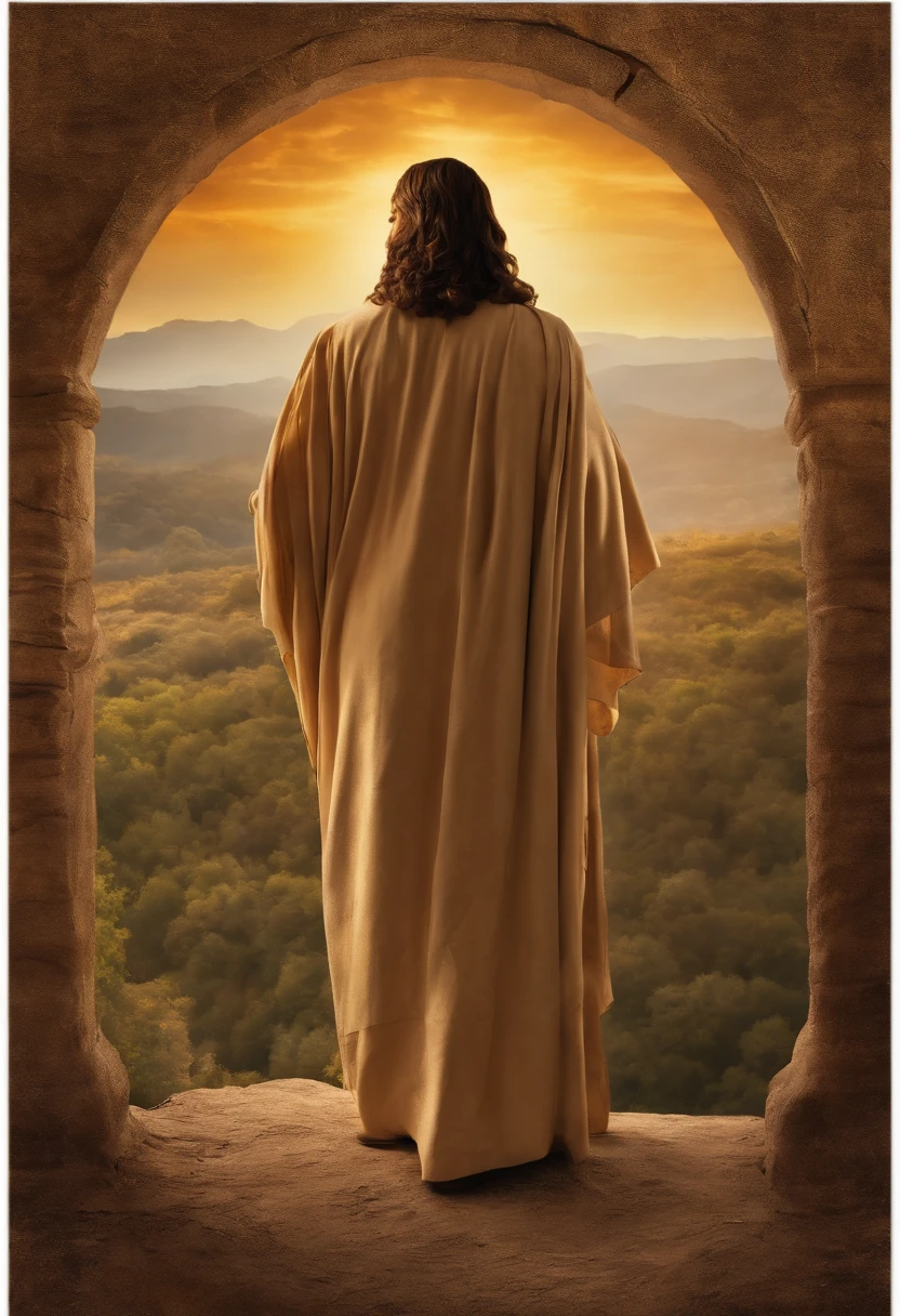 Jesus from back view, showing an old paper to the people around him