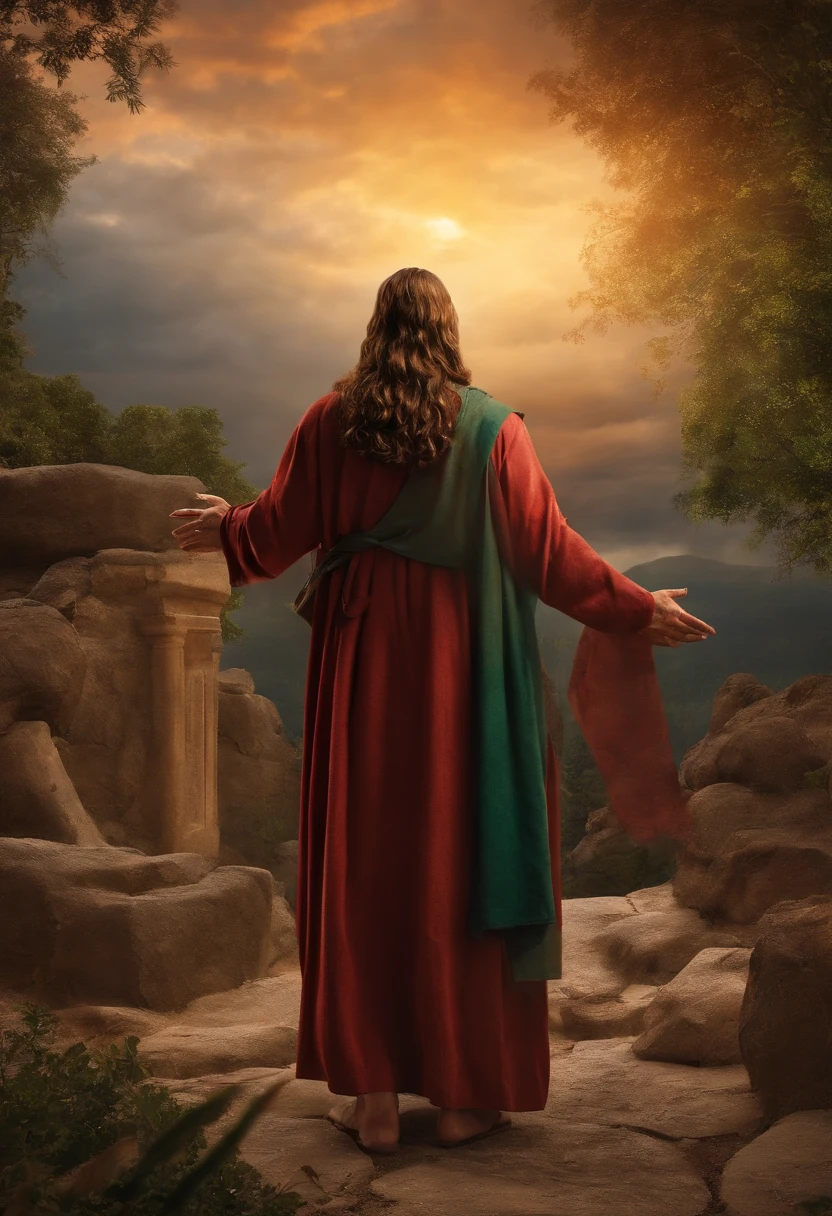 Jesus from back view, showing an old paper to the people around him