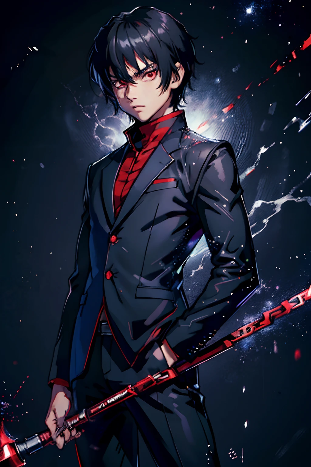 (best quality,4k,highres),young boy,black hair,wearing black jacket,red eyes,blue pants,on Zaban City,hunter x hunter,ultra-detailed,realistic,portrait,sharp focus,studio lighting,vivid colors,physically-based rendering,bokeh