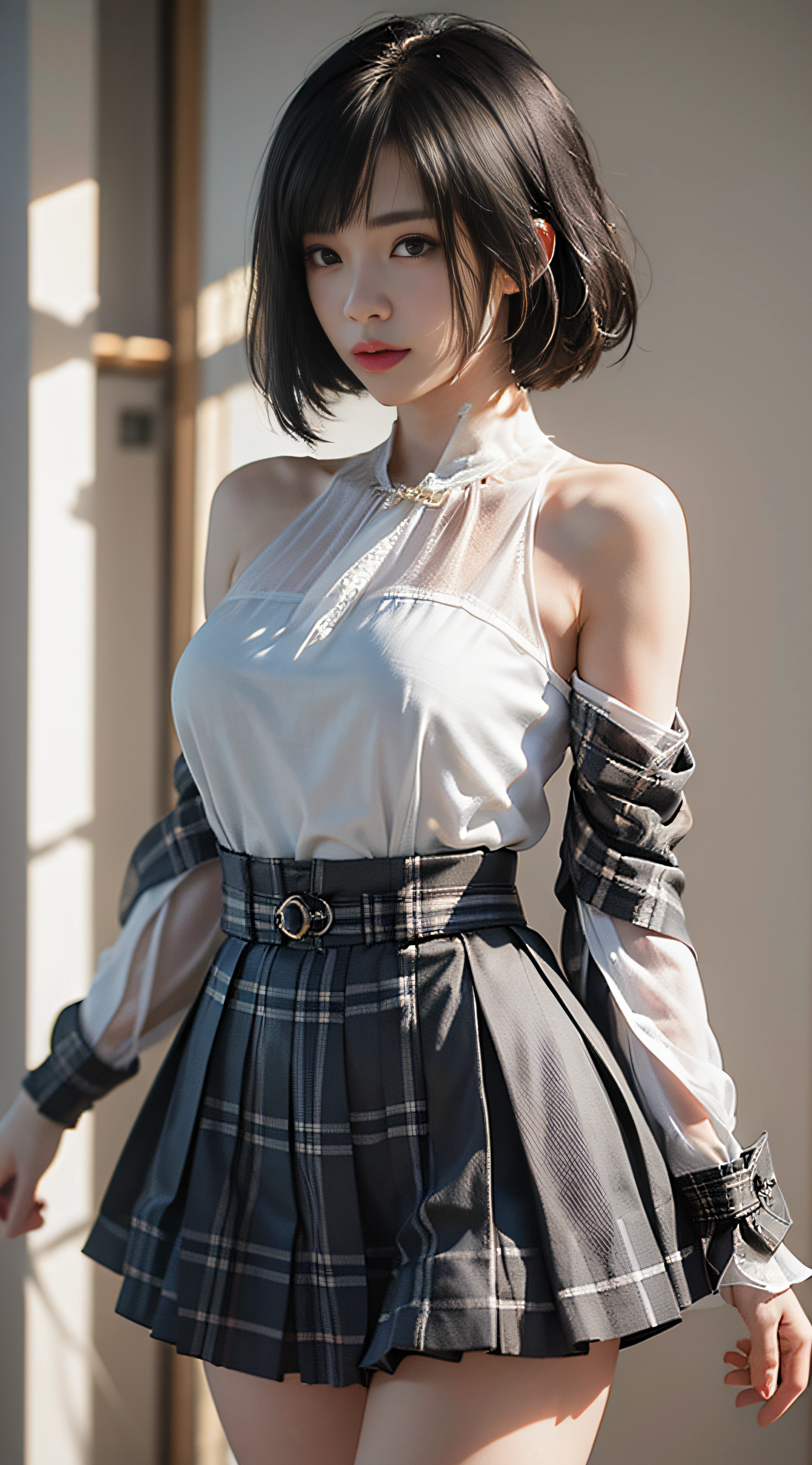 Girl posing for photo in Japanese school uniform, summer, classroom, moist skin, air bangs, large and clear eyes, slightly curly shoulder-length hair, cute, upper body, blue and white, streamers, blue short skirt, suspender stockings, slave neck ring, slim body, oversized bust, slim girl model, 18 year old female model,