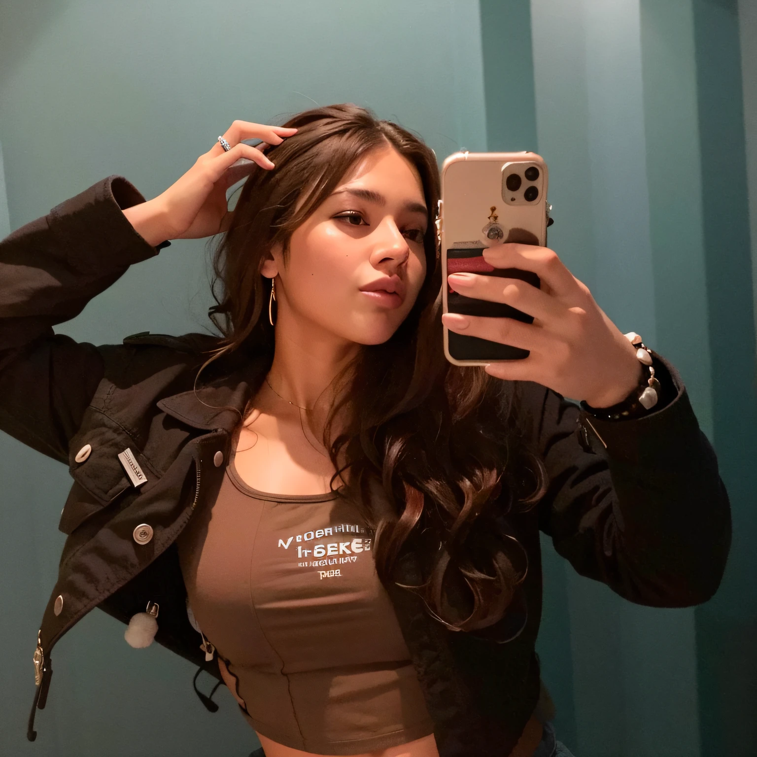 there is a woman taking a selfie in a mirror, selfie de una mujer joven, 2 4 year old female model, tomada en 2 0 2 0, Retrato Sophie Mudd, pose casual, 18 years old, Imagen de perfil, Kailee Mandel, 21-year-old, Lleva una camiseta negra sin mangas, 2 2 years old