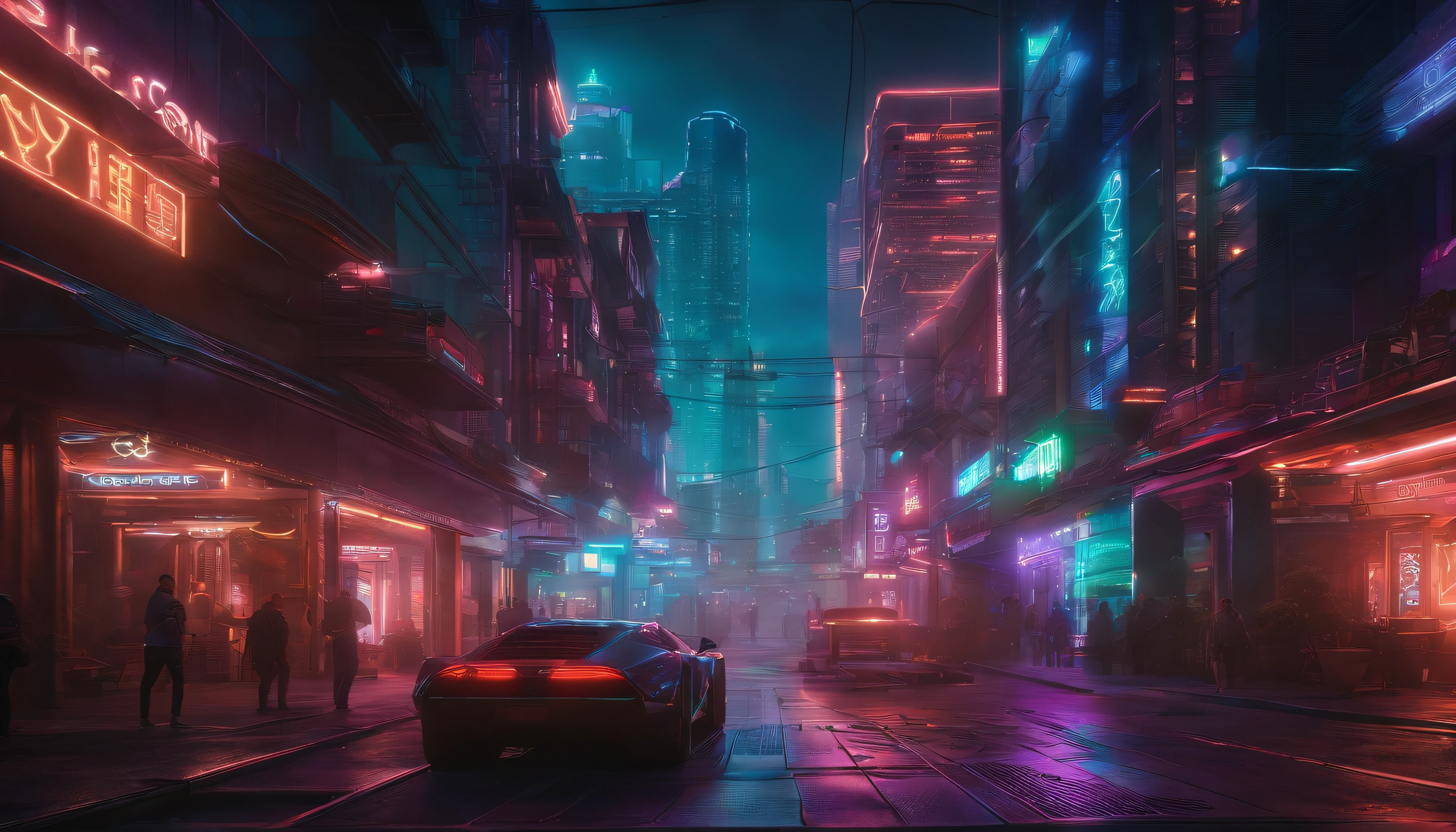 (obra prima) cidade no estilo cyberpunk, illuminated sky, neon light, imagem vista do zero, paisagem ampla, cidade futurista