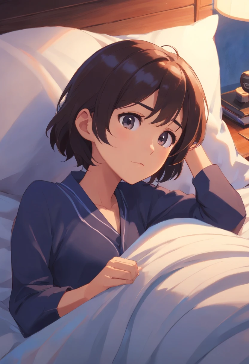 3D Pixar estilo corpo inteiro Kpop modelo com usando uma roupa preta de gola tartaruga, deitado em uma cama com cara de cansado