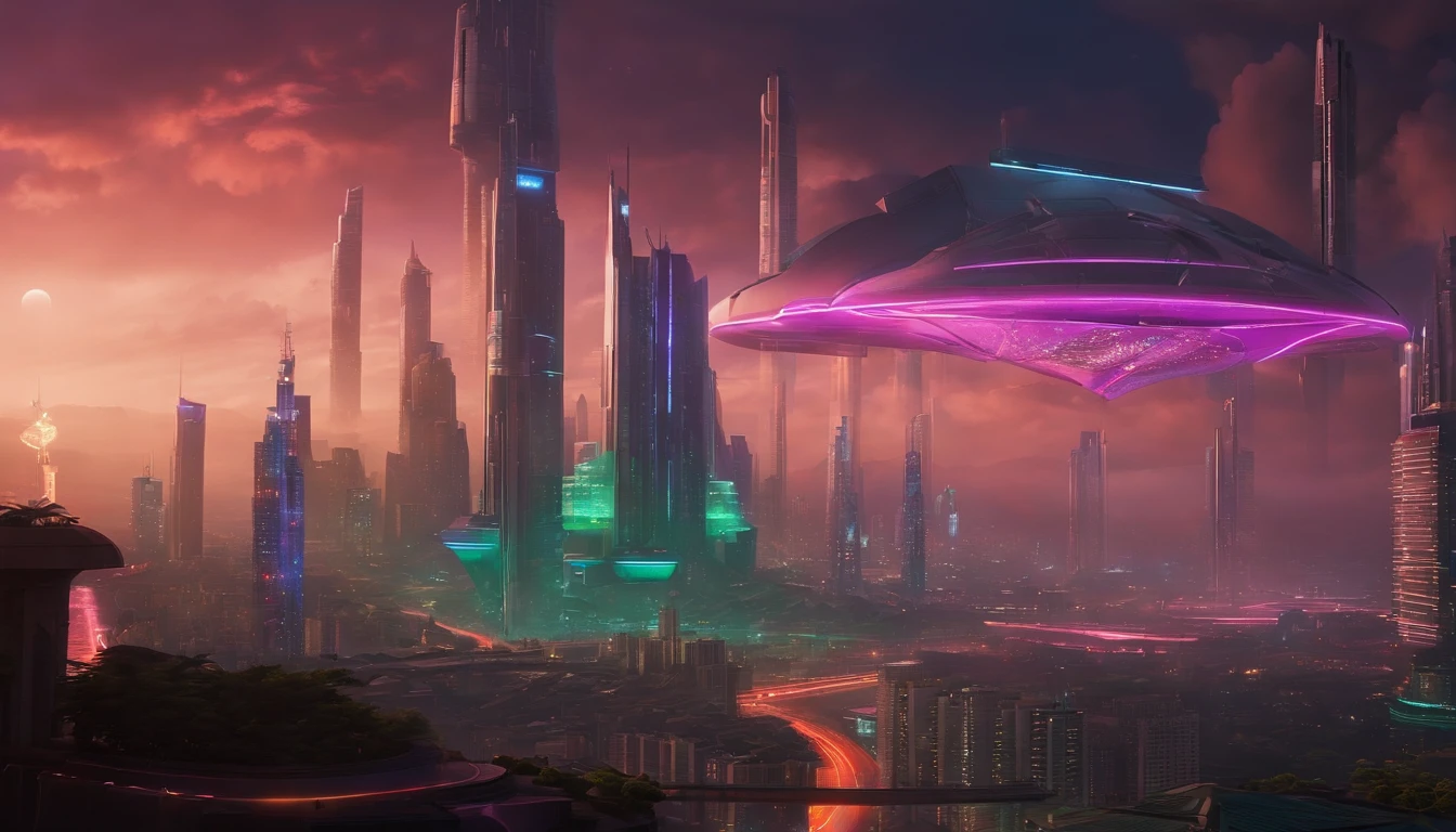 (obra prima) cidade no estilo cyberpunk, illuminated sky, neon light, imagem vista do zero, paisagem ampla, cidade futurista