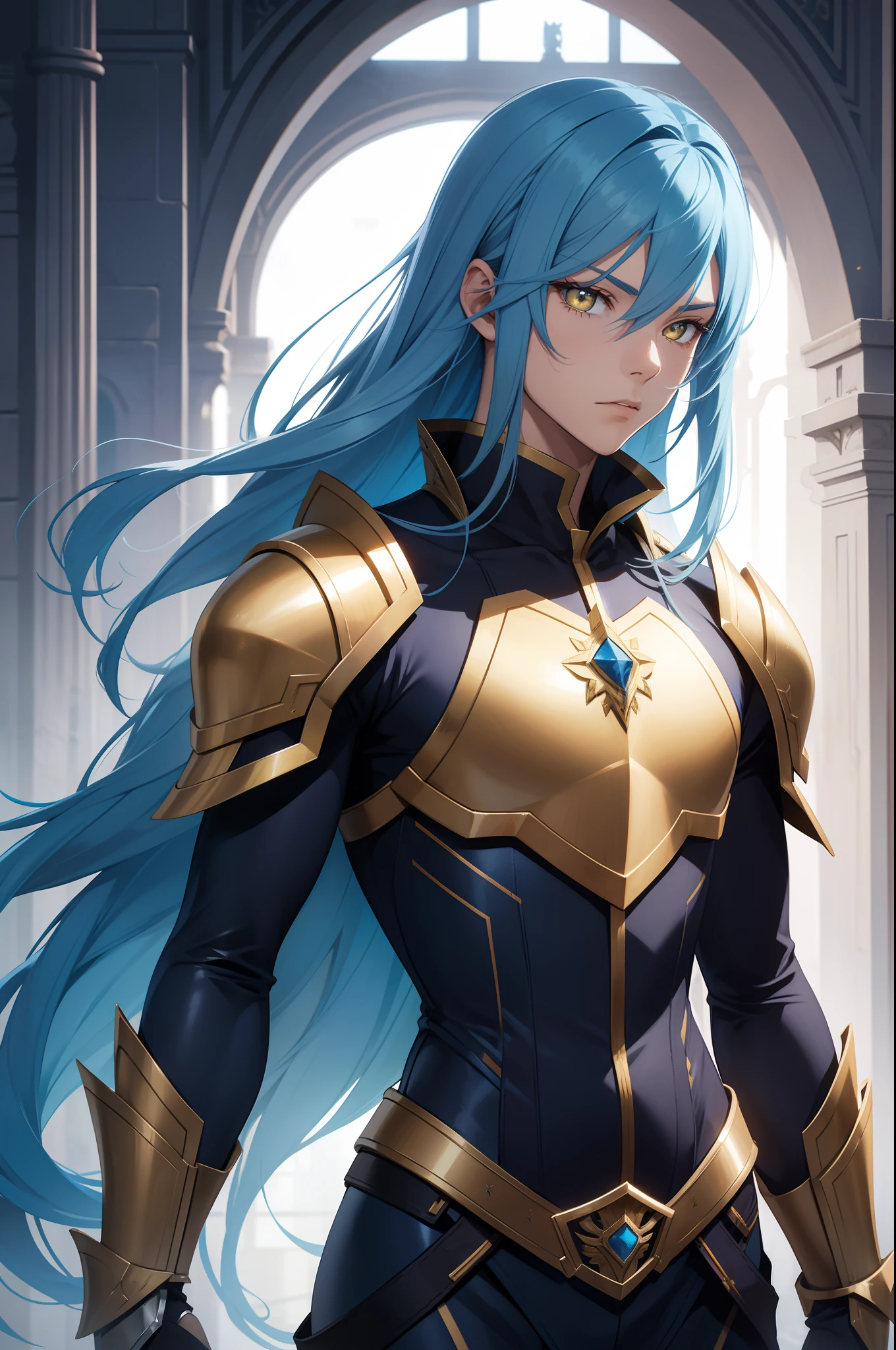 solo male, blue hair, yellow eyes, long hair, golden armor, slim, form fitting, fantasy