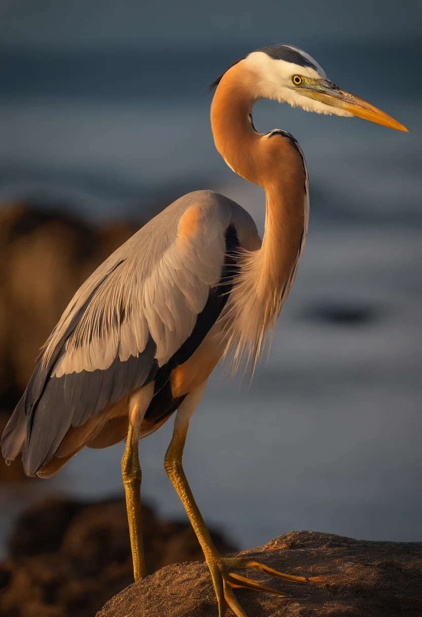 Celestial heron in golden colors, roxo e laranja com olhos vermelhos penetrantes, Close-up liberando fogo de sangue de seu nariz, alta qualidade, 8k, Muitos detalhes, Fire Particles, 2 pernas, ouro, perigo, Fogo, Giant Heron, colossal, menacingly, imponente.