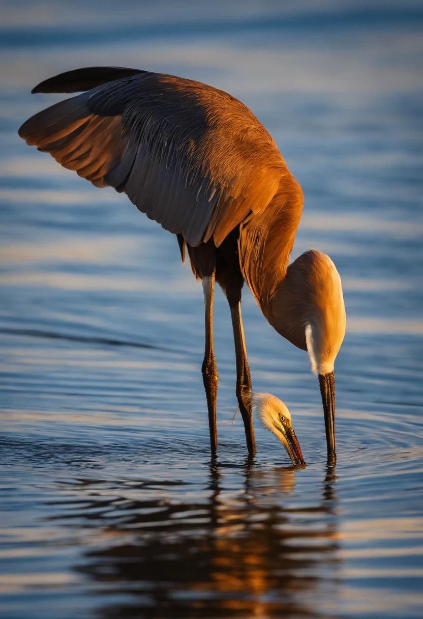 Celestial heron in golden colors, roxo e laranja com olhos vermelhos penetrantes, Close-up liberando fogo de sangue de seu nariz, alta qualidade, 8k, Muitos detalhes, Fire Particles, 2 pernas, ouro, perigo, Fogo, Giant Heron, colossal, menacingly, imponente.