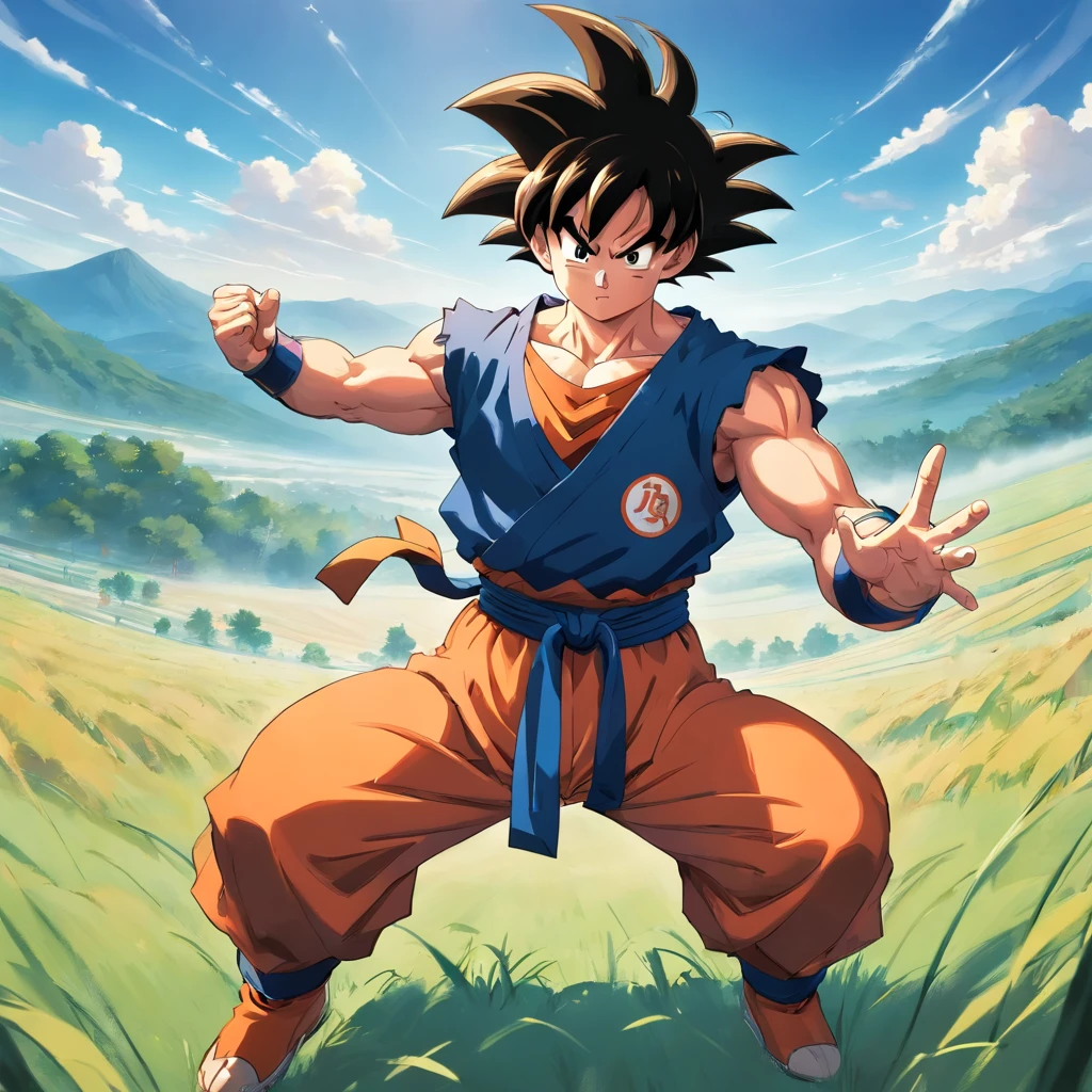 Goku en una pose positiva, en el campo de batalla, con la mano de levanta el dedo anular de forma despectiva. Producido por Akira Toriyama