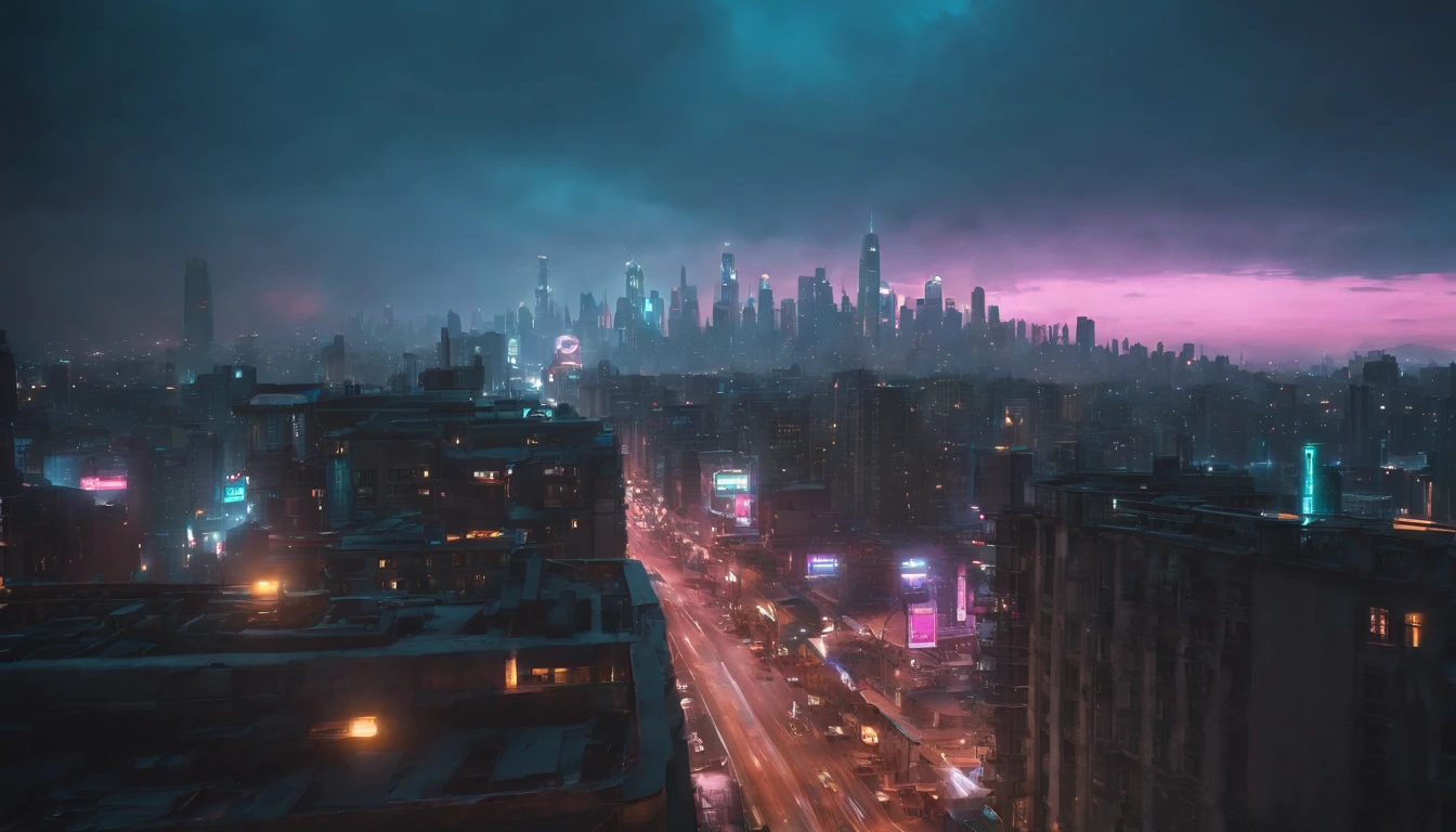 (obra prima) cidade no estilo cyberpunk, illuminated sky, neon light, imagem vista do zero, paisagem ampla, cidade futurista