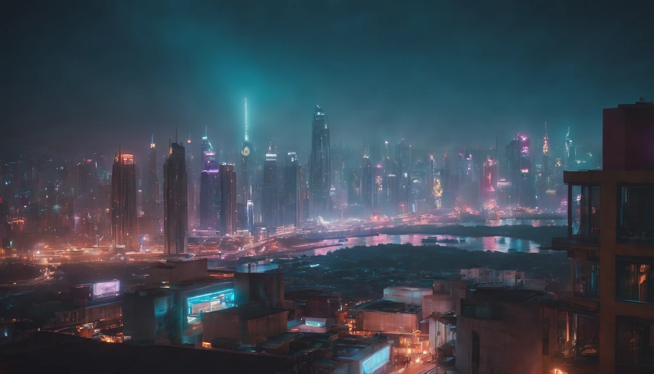 (obra prima) cidade no estilo cyberpunk, illuminated sky, neon light, imagem vista do zero, paisagem ampla, cidade futurista