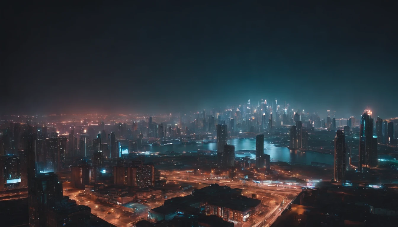 (obra prima) cidade no estilo cyberpunk, illuminated sky, neon light, imagem vista do zero, paisagem ampla, cidade futurista