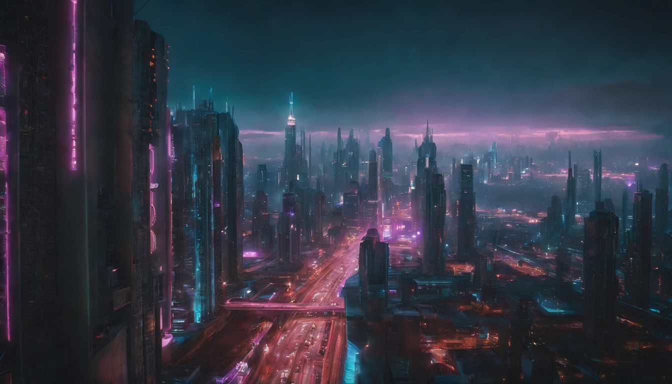 (High view). There's a cyborg woman (8k) wearing a futuristic leotard (best quality) standing in a cyberpunk city alley at night, darksynth aesthetic, red neons, haze, 1drone, foggy night, ultra detailed, photorealistic, (1girl, solo, alone), large-breast:1.2 slim body, cleavage:1.1, (black sunglasses), (holding a pistol), half-body thigh level medium shot, cinematic lighting, ray tracing.