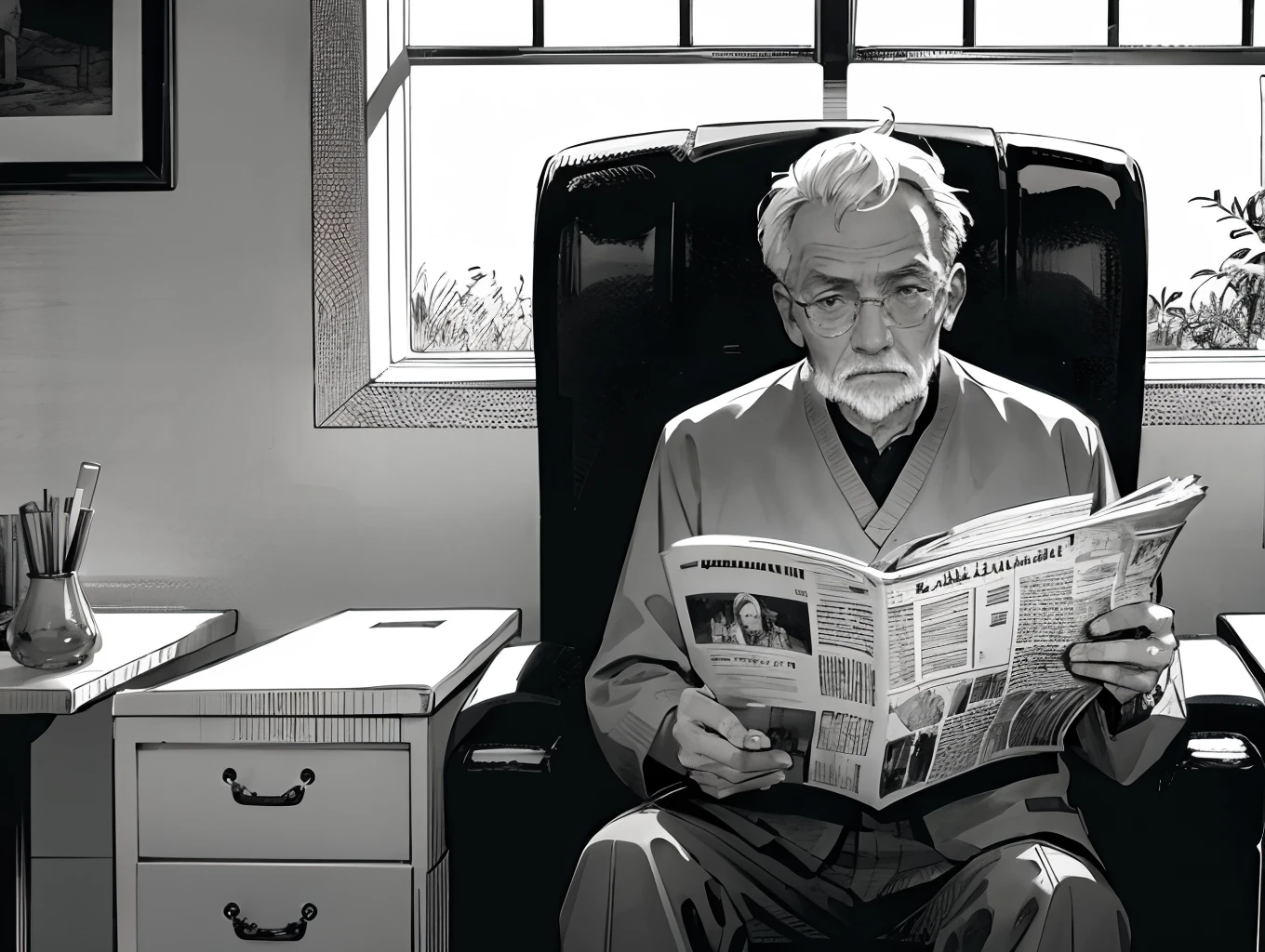 An old man sits in a chair and reads a newspaper. Os quatro caracteres chineses &quot;People's Daily&quot; are written in the newspaper. The man reading the newspaper looks forward with a stunned expression, trying to highlight the bleak atmosphere
