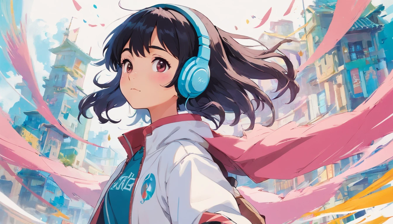 Perfect centering, Wear a student team jacket, Girl, Black Hair, Pink Bangs, Wearing sunglasses, Wearing headphones, cheerfulness, Standing position, Abstract beauty, Centered, Looking at the camera, Facing the camera, nearing perfection, Dynamic, Highly detailed, smooth, Sharp focus, 8K, high definition resolution, illustration, Art by Carne Griffiths and Wadim Kashin, White background