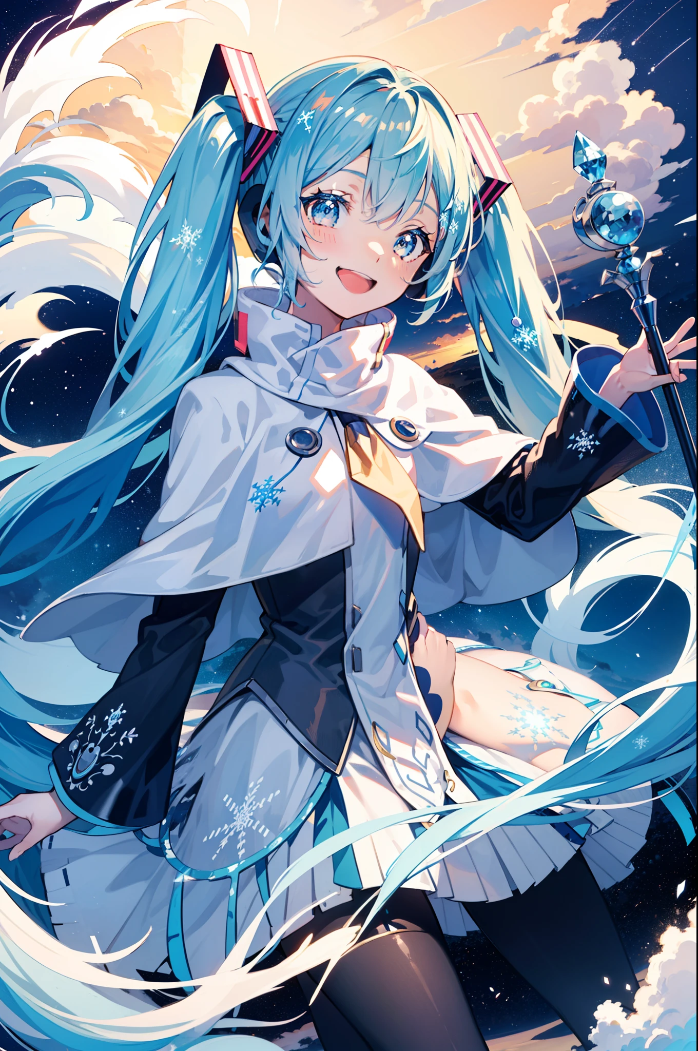 yukimiku2014, smiling, open mouthed smile, winter, flying, rim lighting, snowy, holding a magical wand, casting magic spell, close up, beautiful lighting, depth of field, 8k wallpaper, sunset, magical, dynamic pose, dynamic angle, illustration, promotional art, effects witch, smoke, clouds, stars