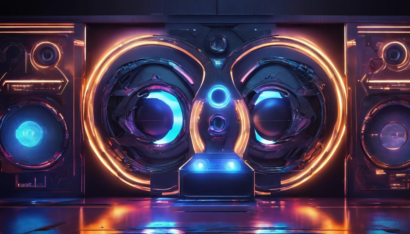 Cyberpunk background, giant speakers background, cyberpunk lighting