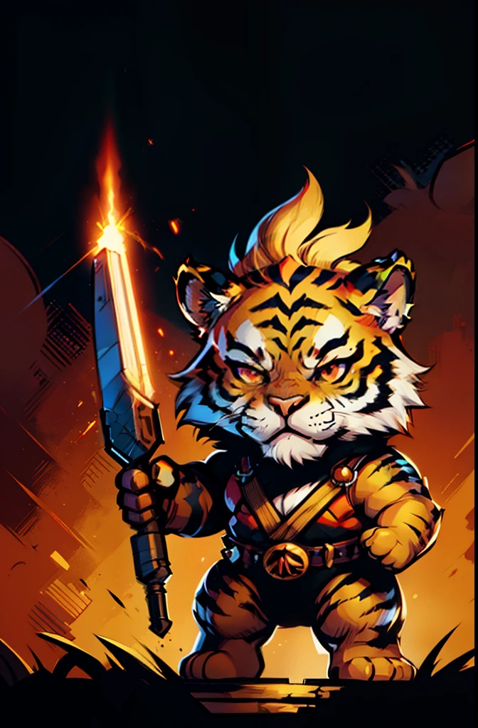 1young tiger, tiger ,chibi, anthropomorphic, golden fur, big red eyes,warrior with one weapon, character 1:1, dynamique pose, simple dark background