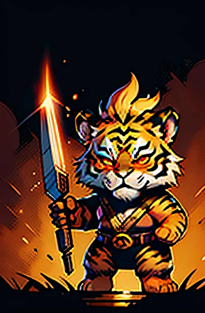 1young tiger, baby face tiger ,chibi, anthropomorphic, golden fur, big red eyes,warrior with one weapon, character 1:1, dynamique pose, simple dark background