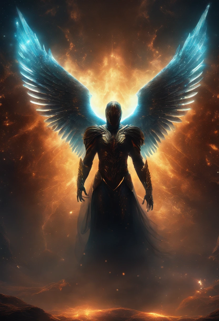 Cosmic Fallen Angel, glowing light eyes, Biomechanical, eerie, Creepy, nightmarish, Very bright colors, Light particles, with light glowing, Mshiff, wallpaper art, UHD wallpaper