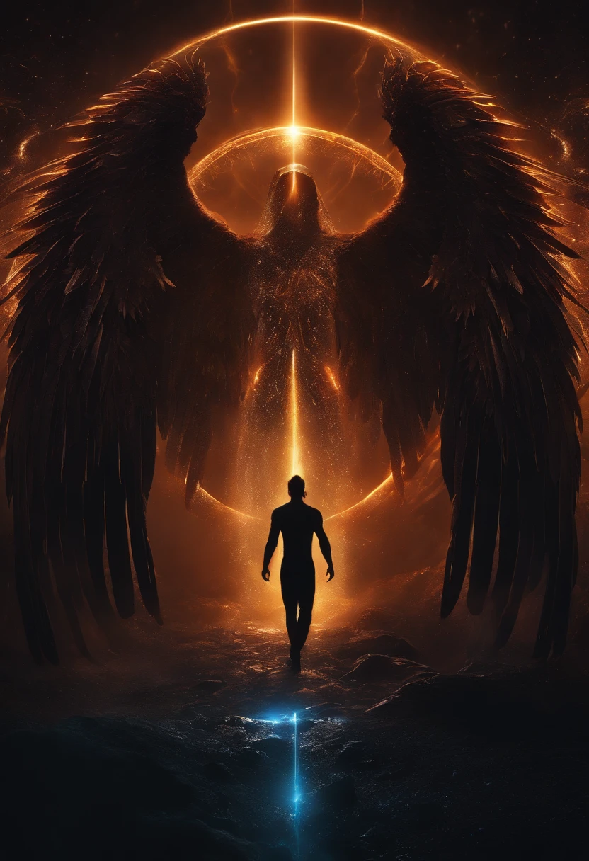 Cosmic Fallen Angel, glowing light eyes, Biomechanical, eerie, Creepy, nightmarish, Very bright colors, Light particles, with light glowing, Mshiff, wallpaper art, UHD wallpaper