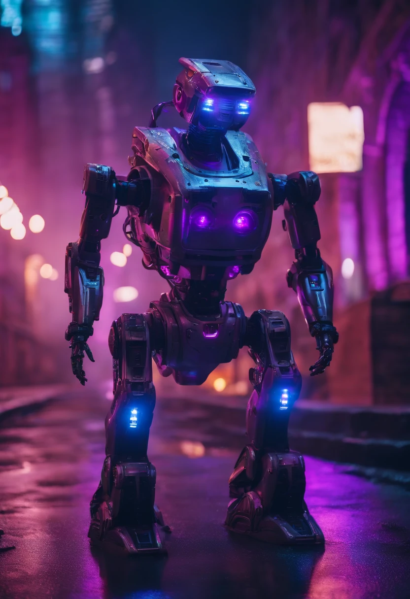 8k underground robot with purple lights and buildings in the background