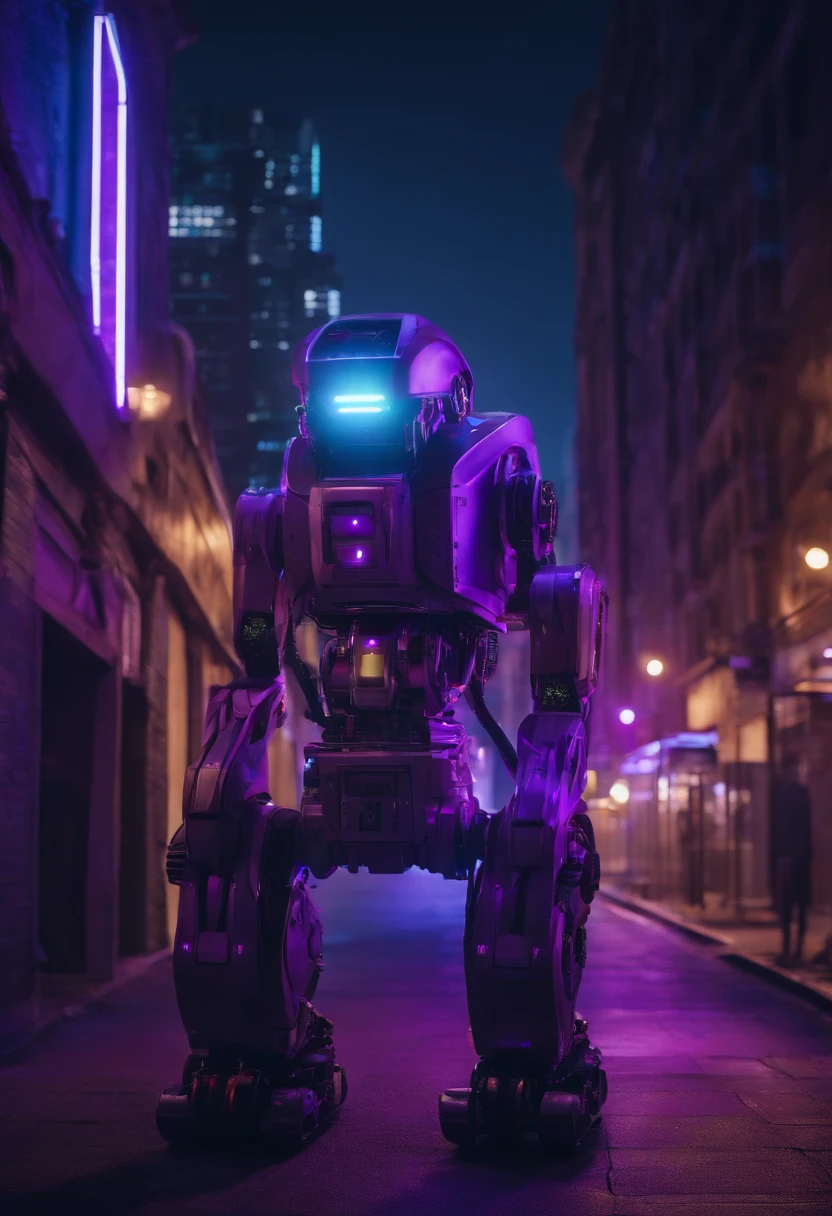 8k underground robot with purple lights and buildings in the background