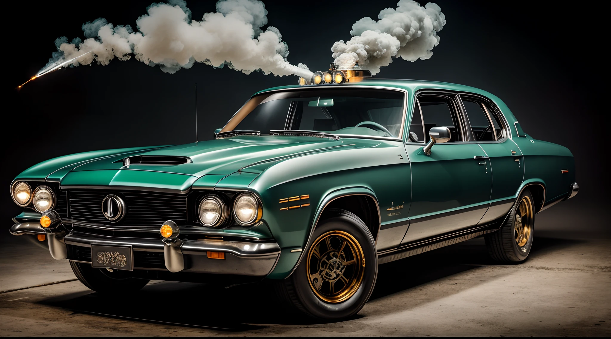 (best quality,4k,8k,highres,masterpiece:1.2),ultra-detailed,realistic:1.37,ecto-1 ghostbusters car in steampunk style,metallic,aged,ornate,brass-accented,retro-futuristic,vintage automobile,smoke-emitting exhaust pipes,antique wheels,whirling gears,multiple clockwork mechanisms,elaborate steam-powered engine,victorian-inspired design,large spoked steering wheel,enchanted proton pack mounted on the back,imposing presence,puffs of steam,brilliantly polished chrome,gothic-inspired exterior,emerald green spectral energy emanating from the car,sparks flying from the engine,surreal atmospheric lighting,mechanical-powered siren,ray gun-inspired headlights,thick plumes of steam and smoke engulfing the car,menacing ghostly figures trapped in the vehicle's ghost trap,industrial-themed artwork adorning the sides of the car,impressive attention to detail,meticulous hand-painted textures,dramatic shadows and highlights,rich and vibrant color palette,contrasting warm and cool tones,subtle gradient of sepia-like hues,anachronistic and visually captivating,powerful and imaginative fusion of science fiction and Victorian aesthetics.