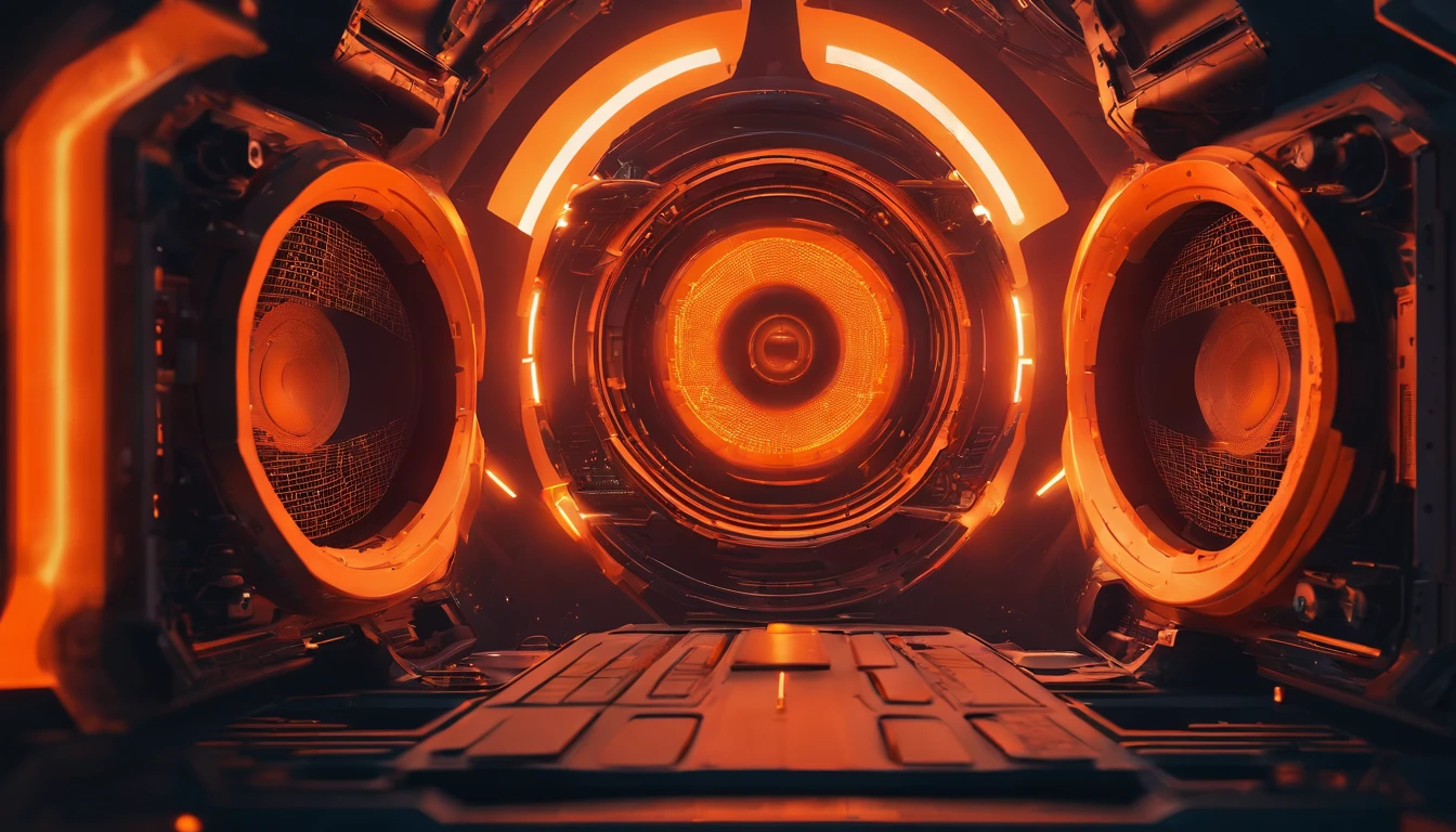 Cyberpunk background, giant speakers background, cyberpunk lighting orange, orange light