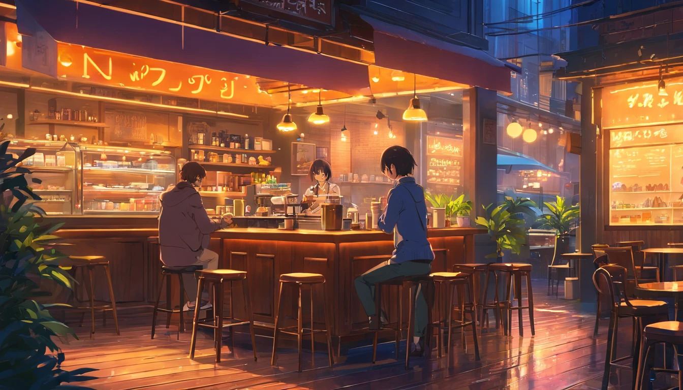 (neon-lit night scene),(low-fi coffee shop),(vibrant colors),(detailed coffee cup),(reflections on the table), (nostalgic vibes), (artistic painting style),(cozy atmosphere), (realistic textures), (coffee aroma in the air), (people chatting and laughing), (street view), (soft shadows), (dark alleyway), (city lights), (rainy weather), (raindrops on the windowpane), (blurred background), (decorative interior design), (aesthetic vibe), (indoor plants), (glowing neon sign), (barista preparing coffee), (smoke from the coffee machine), (an artistic slow-paced moment), (customers enjoying their drinks), (latte art), (music playing in the background), (steaming hot coffee),(floral patterned plates), (warm color tones), (cozy seating arrangement), (rustic wooden tables), (intimate ambiance), (bokeh lights), (candid moments captured), (artistic lighting effects), (dreamy atmosphere), (stylish bar counter), (traces of coffee spills), (artwork on the walls).