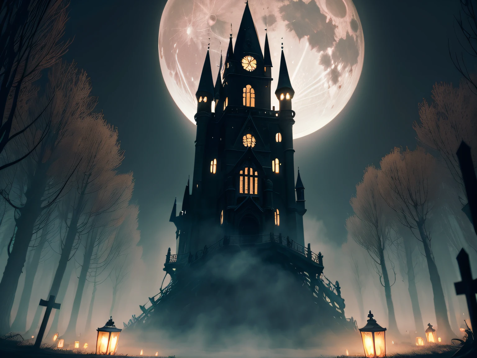(best quality,4k,8k,highres,masterpiece:1.2),ultra-detailed,(realistic,photorealistic,photo-realistic:1.37),Halloween night scene,Mansion under a full moon,haunted house,captivating moonlight,creepy atmosphere,dark and mysterious,sinister shadows,spooky ambiance,eerie silence,ghostly figures,hauntingly beautiful,haunted garden,enchanted moonlit sky,flickering candlelight,giant moon illuminating the scene,wisps of fog,graceful bats flying in the sky,wind rustling through the trees,writhing branches reaching out,pumpkins with flickering eyes and sinister grins,witches brewing potions,wolves howling in the distance,crackling fireplace,crimson curtains billowing in the wind,mystical aura,secret passageways,ominous presence,spine-chilling adventures,undead creatures lurking,gothic architecture,ominous moon shadows,ancient curse,macabre decorations,terrifying landscapes,hauntingly beautiful,ghoulish delights,spells and enchantments,dreadful surprises,eerie garden statues,graveyard with tombstones,headless horseman,whispers of the supernatural,frightening illusions,spellbinding display,nightmarish feast for the eyes.
