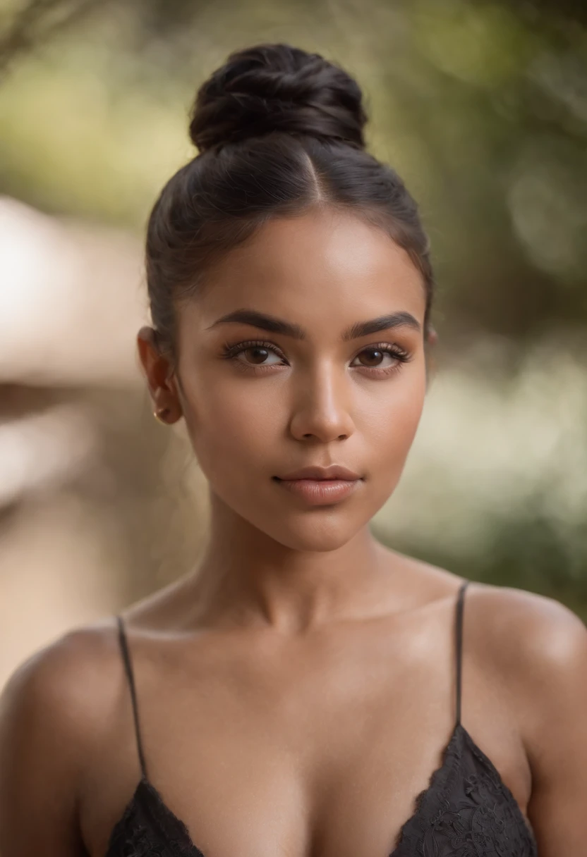 Una hermosa foto RAW, fotorrealista, La mejor calidad, hermosa morena, Piel detallada, look would be,  Photo of beautiful Mexican-African ebony woman, Androide 18 de Dragon Ball, super sexi, pose exitante, enfoque desde atras