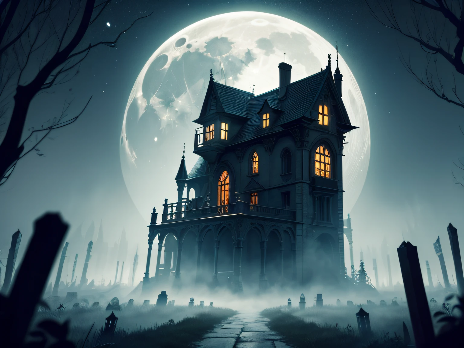 (best quality,4k,8k,highres,masterpiece:1.2),ultra-detailed,(realistic,photorealistic,photo-realistic:1.37),Halloween night scene,Mansion under a full moon,haunted house,captivating moonlight,creepy atmosphere,dark and mysterious,sinister shadows,spooky ambiance,eerie silence,ghostly figures,hauntingly beautiful,haunted garden,enchanted moonlit sky,flickering candlelight,giant moon illuminating the scene,wisps of fog,graceful bats flying in the sky,wind rustling through the trees,writhing branches reaching out,pumpkins with flickering eyes and sinister grins,witches brewing potions,wolves howling in the distance,crackling fireplace,crimson curtains billowing in the wind,mystical aura,secret passageways,ominous presence,spine-chilling adventures,undead creatures lurking,gothic architecture,ominous moon shadows,ancient curse,macabre decorations,terrifying landscapes,hauntingly beautiful,ghoulish delights,spells and enchantments,dreadful surprises,eerie garden statues,graveyard with tombstones,headless horseman,whispers of the supernatural,frightening illusions,spellbinding display,nightmarish feast for the eyes.