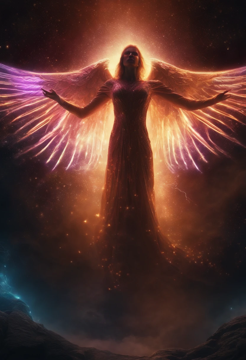 Cosmic Fallen Angel, glowing light eyes, Biomechanical, eerie, Creepy, nightmarish, Very bright colors, Light particles, with light glowing, Mshiff, wallpaper art, UHD wallpaper