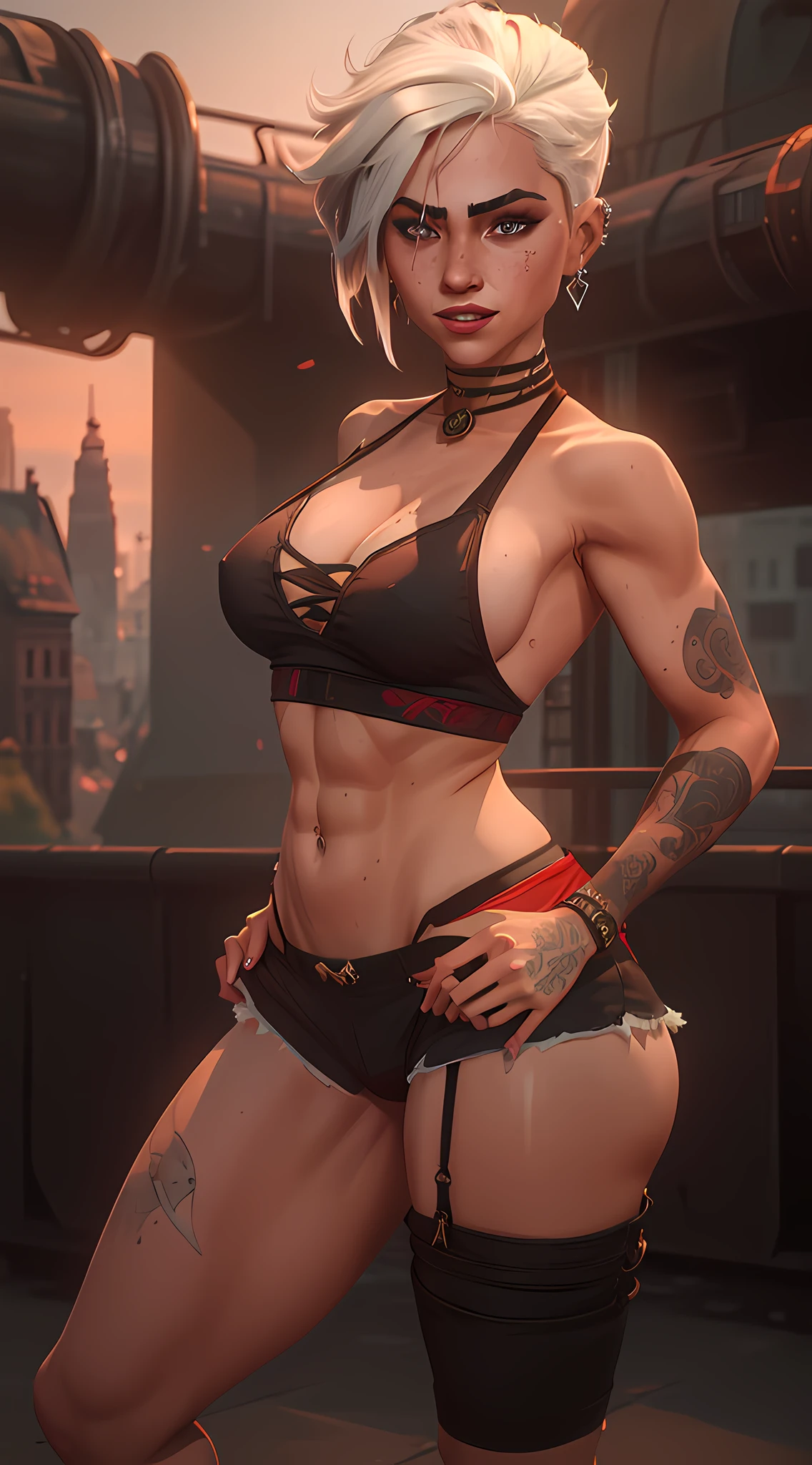 (butt), (sexy girl), masterpiece:1.5, best quality, full body, 1girl, bangs, blush, breasts, collarbones, ear piercings, eyebrows visible through hair, (gradient white hair), jewelry, piercings, (half-naked), (red underwear), short string tank top, (panties), bright eyes, ring, (solo), illustration, fashionable, woman, posing, detailed background, sexy expression, attention-grabbing scene, focus, dynamic pose, thick thighs, abs, sweaty abs, sexy thighs, thin waist, sexy grin, sexy glare, cinematic lighting, city scape, city background, outside, outdoors, rooftop:1.5, backshots:1.7, back camera:2.5,