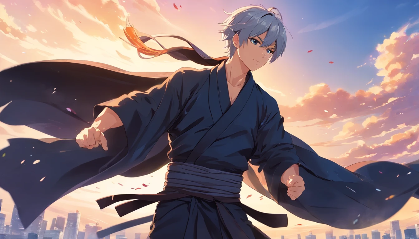 Muscular man in Hakama kimono with torn sleeves, Wearing an all-black right shoulder pad, with a large dark scarf around his neck, with a torn black cape, which is pulled by the wind, with white hair , without showing your face, with bandages on his hands and arm.