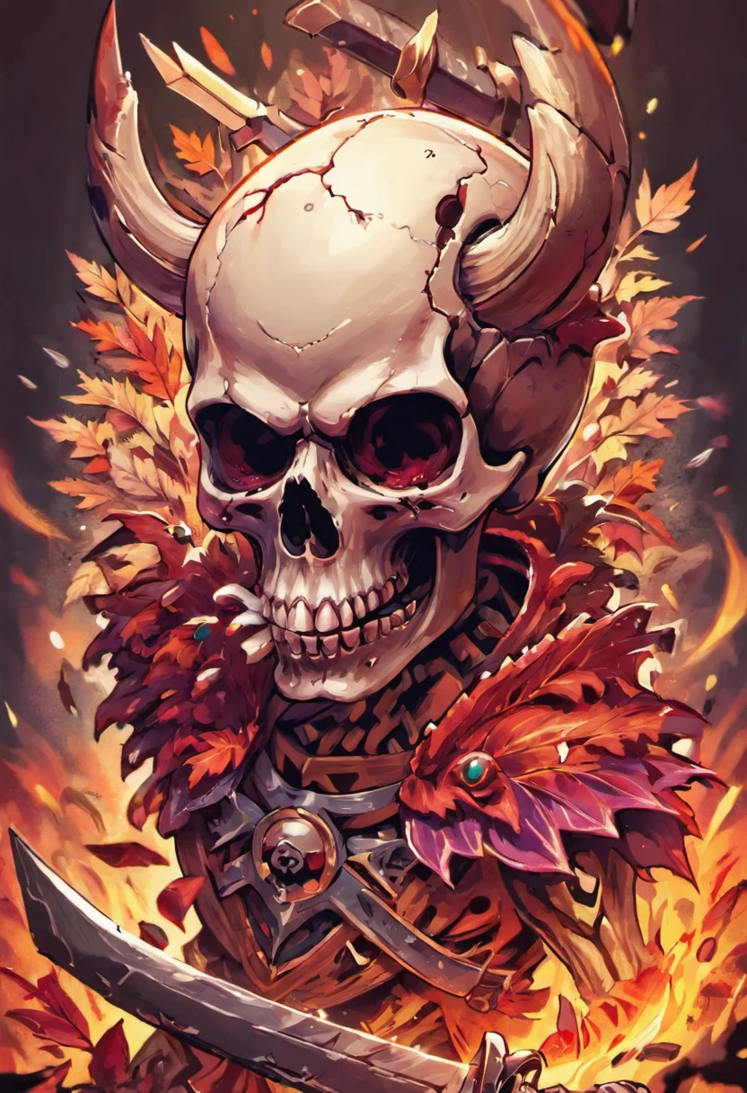 a close up of a skull with a dagger in its head,autumn leaves,impacting skull,broken teeth,fantasy skull,spooky full color detailed art,4k scary full color art,holy skull,psychedelic background conjuration,detailed digital art, blood, sacred skulls, psychedelic illustration, textured skull, skull face, death skull, scary color art, , psychedelic art style