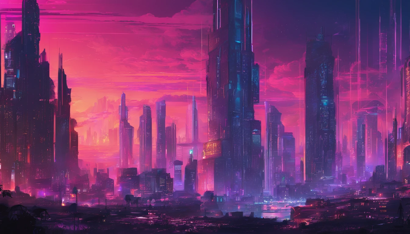 (obra prima) cidade no estilo cyberpunk, illuminated sky, neon light, imagem vista do zero, paisagem ampla, cidade futurista